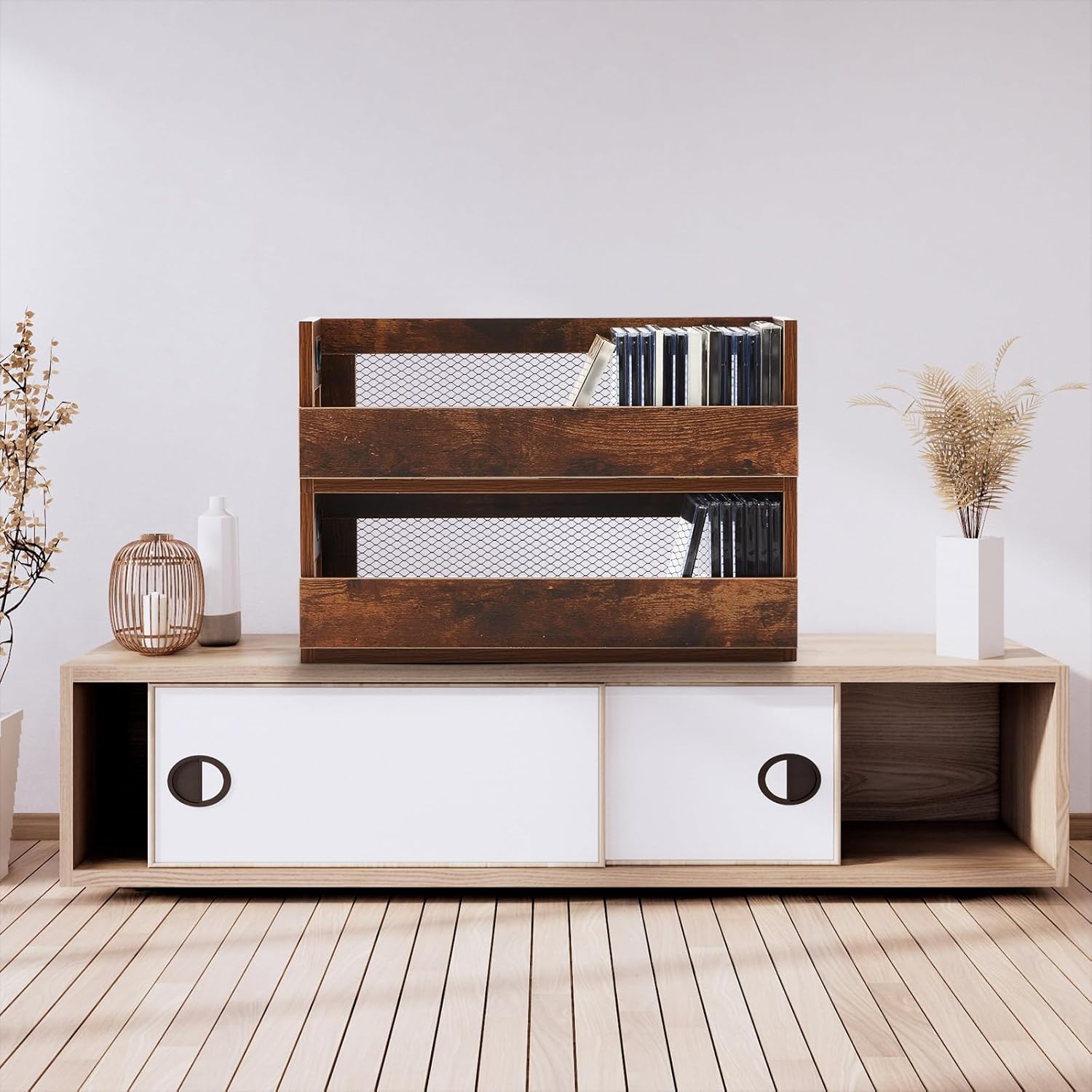 Jetec 2 Set Retro Cd Storage Box Holder Shelf Metal & Wooden Display Racks with Carrying Handles, Cassette Tape Organizer Shelf for Movie Cases, Dvds, Each Set Can Store up to 36 Pcs Cds