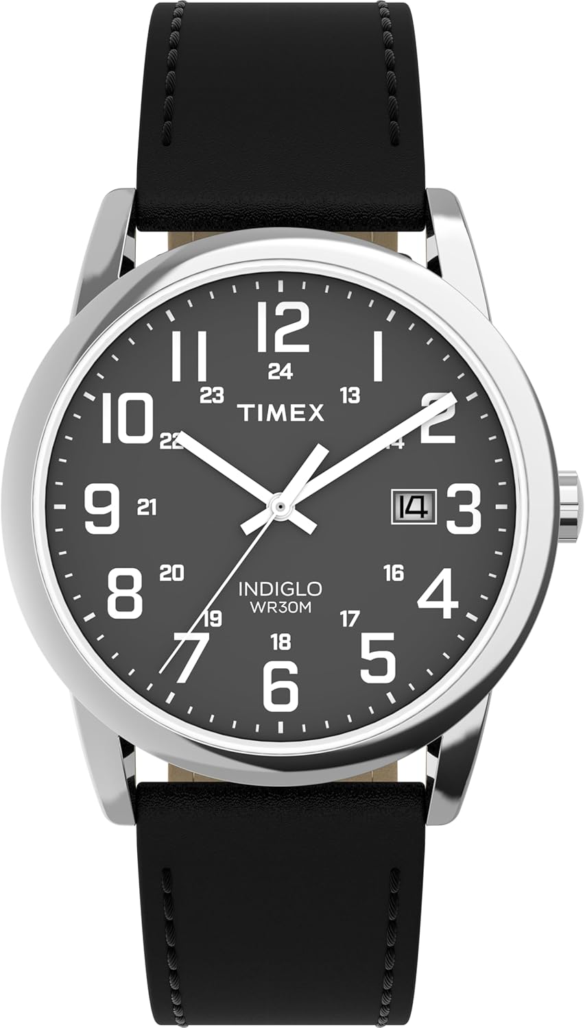 Timex Men's Easy Reader 38 mm Watch - Black Leather Strap with Black Dial and Silver-Tone Case TW2Y12800