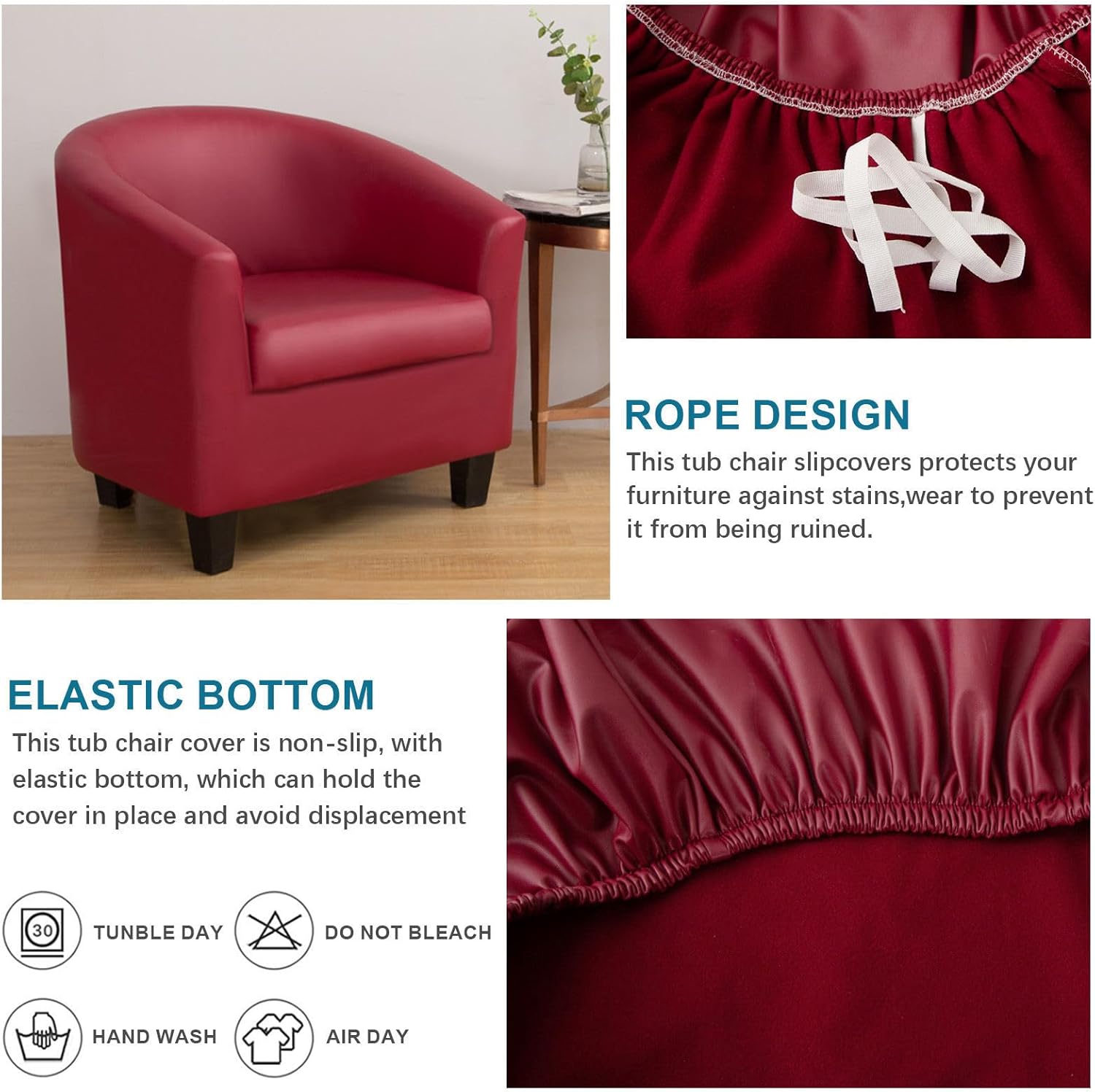 Waterproof Club Chair Slipcover, 2 Piece PU Leather Barrel Chair Covers Non Slip Armchair Cover Removable Tub Chair Slipcover for Hotel Reception-Wine Red-2 Piece
