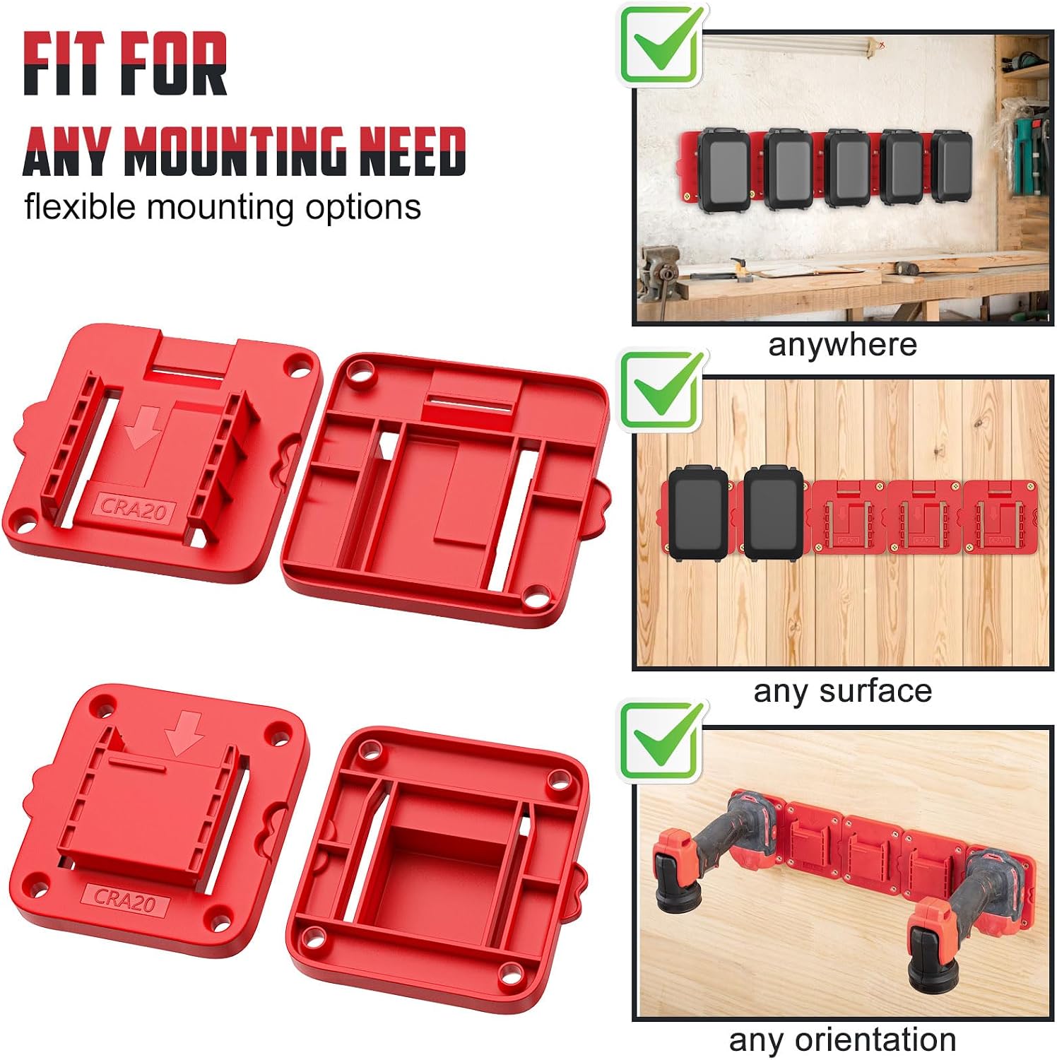 Crivnhar 10 Packs Tool Holder and Battery Mount Holder Compatible for Craftsman 20V, 5 Pack Battery Mounts Rack Fit for 20V Batteries, 5 Pack Drill Tool Hangers Storage Organizer(w/30 Screws)