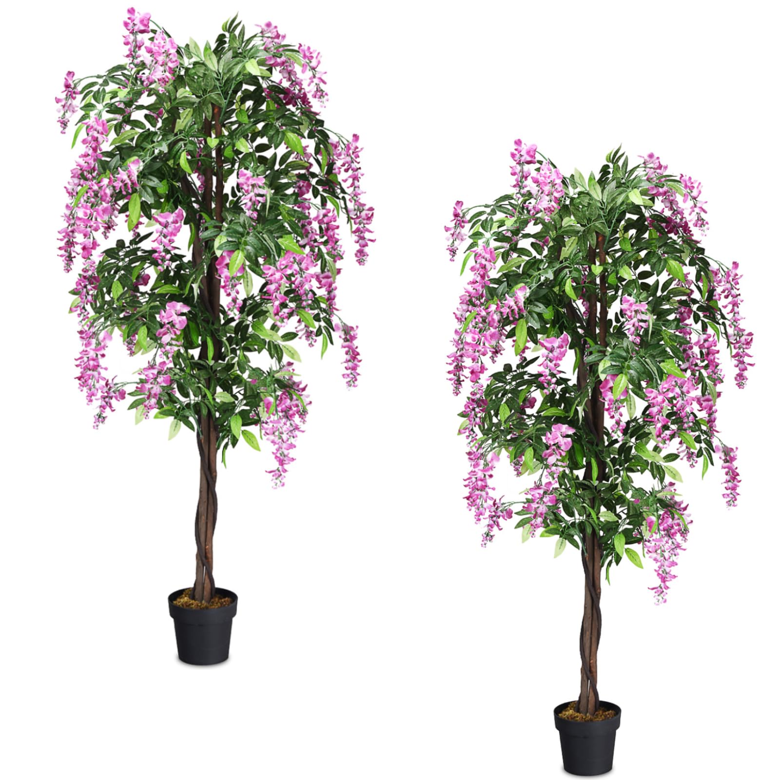 TANGZON 150CM/180CM Artificial Wistera Tree, Fake Ficus Tree with Flowers, 840/1260 Leaves & Cement Pot, Indoor Outdoor Decorative Faux Plant for Home Office Garden (2, Green+Rosy, 180CM/6FT)