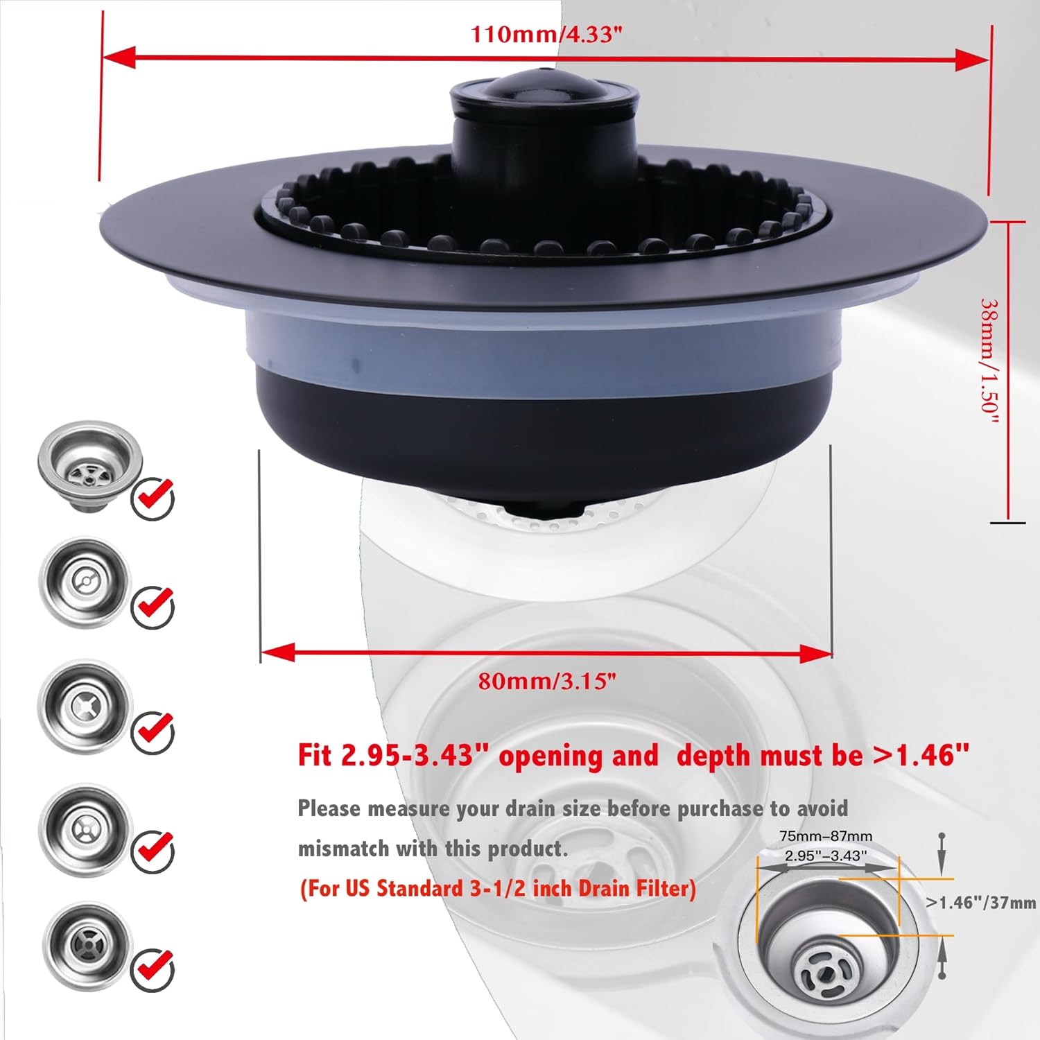 Kitchen Sink Drain Strainer 3 in 1, 304 Stainless Steel Pop Up Sink Stopper, Anti-Clogging Drain Stopper, Strainers for Kitchen, Drain Cover and Kitchen Accessories for US Standard Sink (Black) - Image 3
