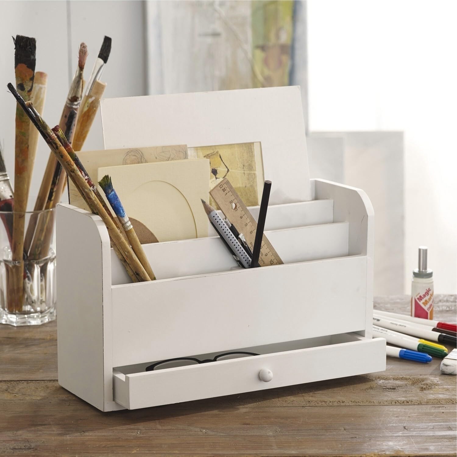 Loberon Tischsekretär Kaspian, für den Schreibtisch, die Küche oder den Flur, Vintage-Flair, Ordnungshelfer, Organizer, Aufbewahrung, MDF, antikweiß