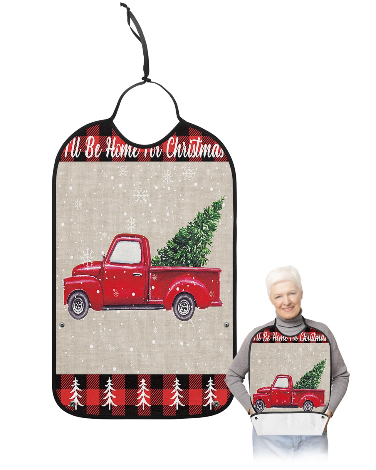 Christmas Truck Adult Bibs for Eating, Waterproof Bibs with Food Catcher & Adjustable Snap Closure, Red Black Checkered Snowflake Xmas Tree Clothing Protectors Adult Bibs for Elderly Women/Men
