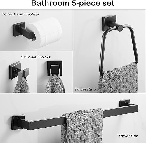Miniatura 4 de LOORODR Juego de accesorios de baño, toalleros de acero inoxidable SUS304, 5 piezas de barra de toalla negro mate montado en la pared, barras de