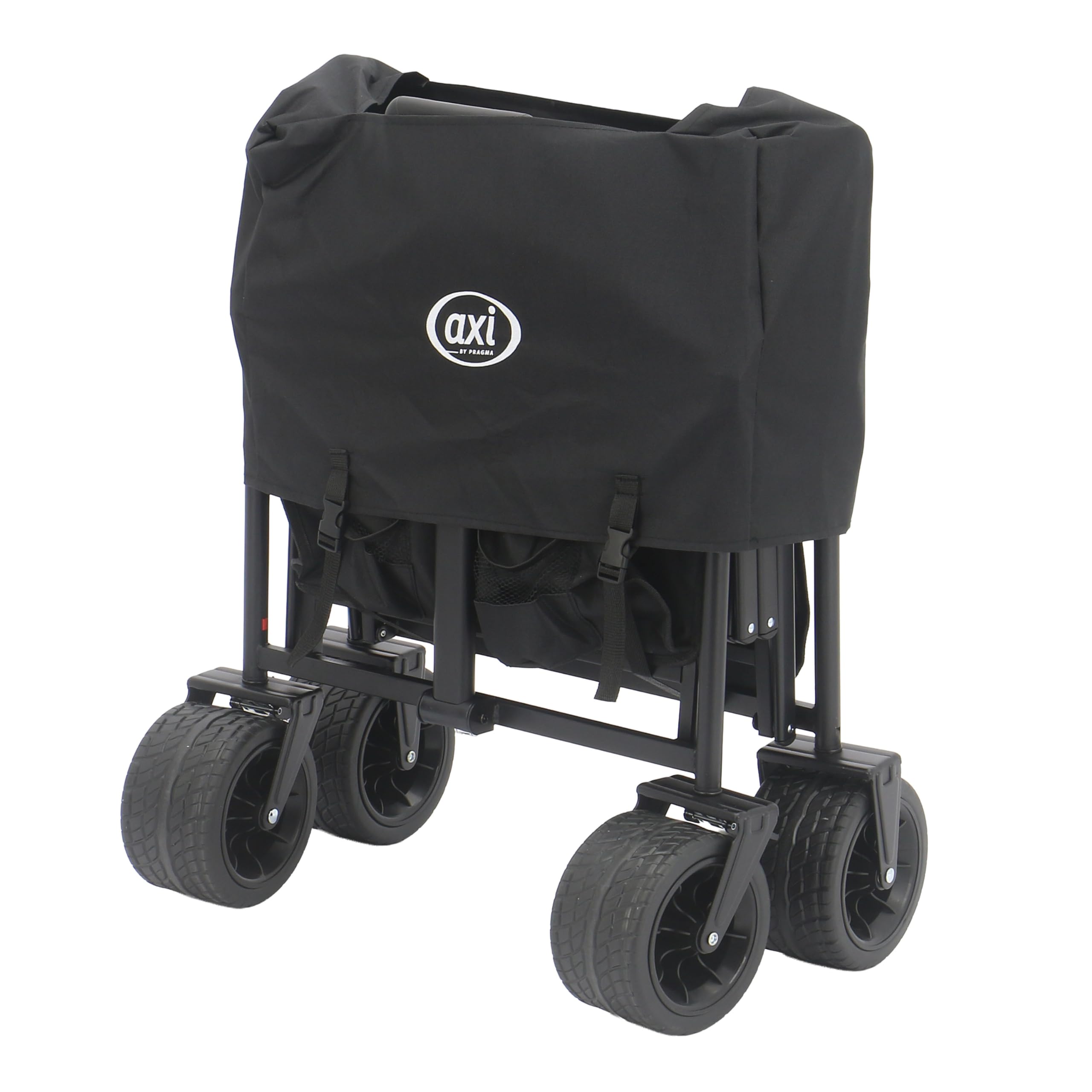AXI SB221 Faltbarer Bollerwagen mit Dach in Schwarz | Handwagen Klappbar/Faltbar mit Zug- & Schiebestange, Gurt, Hülle, & Getränkehalter - PP Gummireifen | Kapazität: 130 l