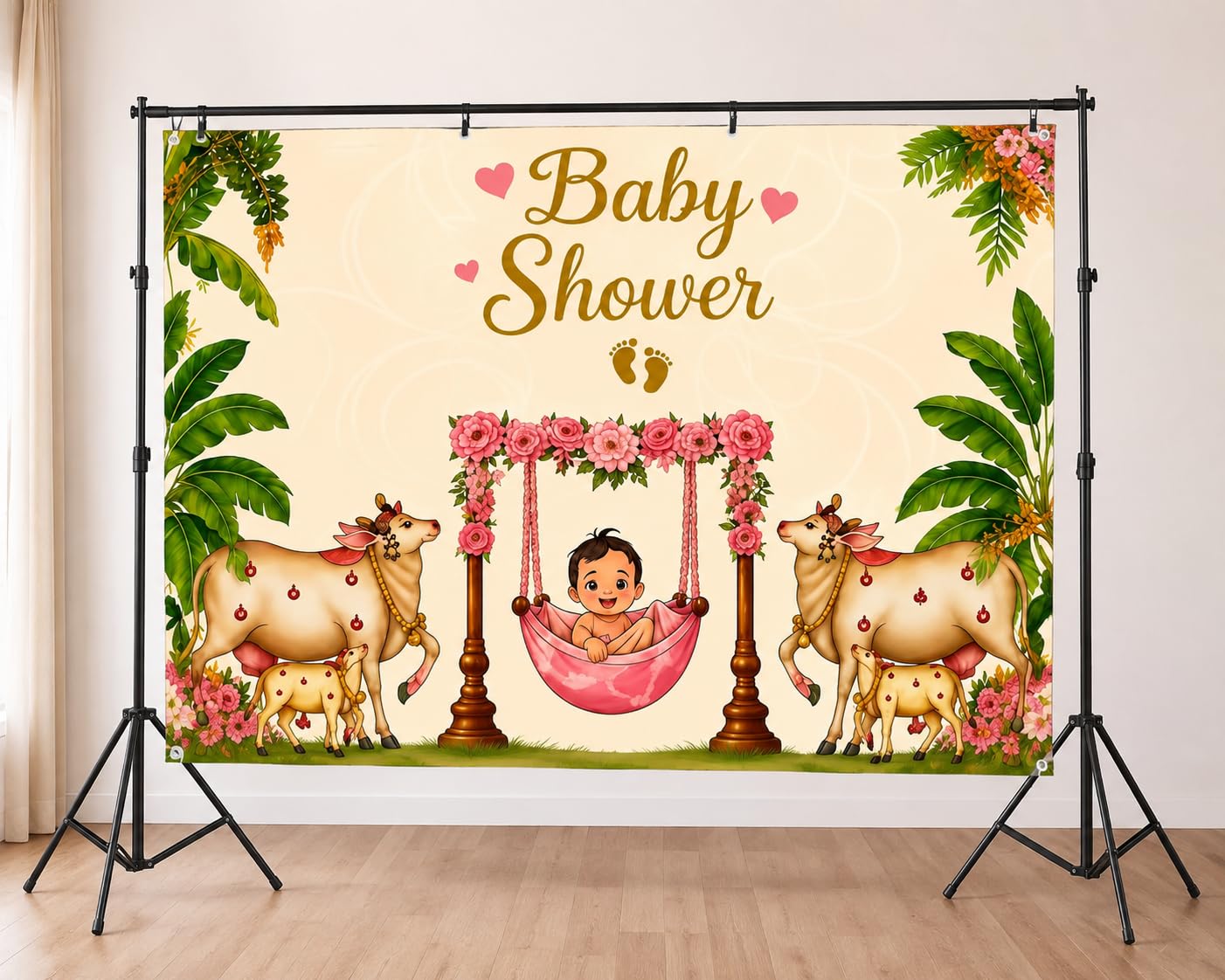 Baby Shower Backdrop Banner 7 x 5 Feet | Baby Shower Decoration Background with Floral Swing & Traditional Cow Theme | Polyester Photo Booth Banner for Mom to Be Celebration-image-0