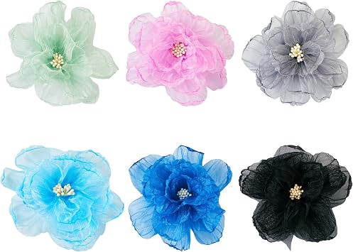 6pcs Big 90mm Organza Ribbon Flowers Bows Appliques Wedding Craft Chiffon Flowers for Hair Craft Dresses Ornaments Cold Color