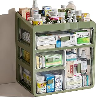 Medicine Organizer-Multidrawer Plastic Storage Box,Neat and Orderly Storage Stationery,Office Items,Easy Access,Family Article Organizer,Medications Storage(Green-Tall Drawers-4 Layer)
