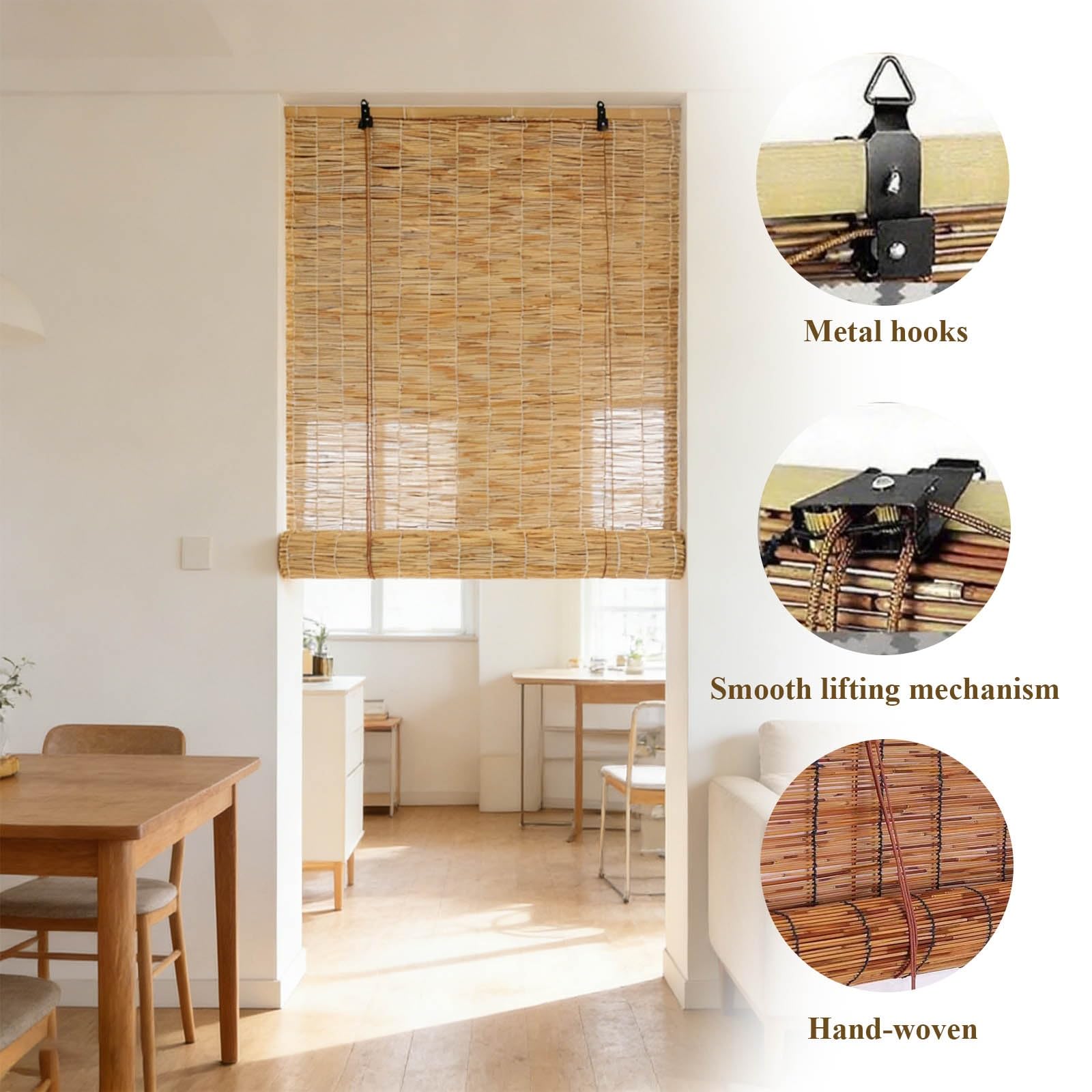 Natur Bambusrollo 60 70 80 90 100 110 120 140 160cm Breite Bambusrollo Wetterfest Aussen Schilfrohrrollo Natur Sonnenschutz Sichtschutz Rollo Outdoor Für Türen und Fenster(Natural,B150xH220 cm)
