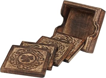 storeindya Wooden Set of 4 Absorbent Drink Coaster - Hand Craved Four Leaf Clover Design Coaster Home Office Dining Decor Accessories for Him and Her Men Women - Ideal Gift
