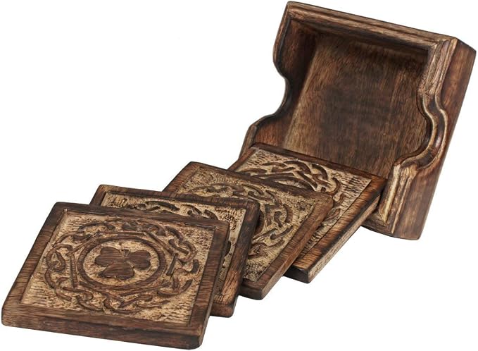 storeindya Wooden Set of 4 Absorbent Drink Coaster - Hand Craved Four Leaf Clover Design Coaster Home Office Dining Décor Accessories for Him and Her Men Women - Ideal Gift