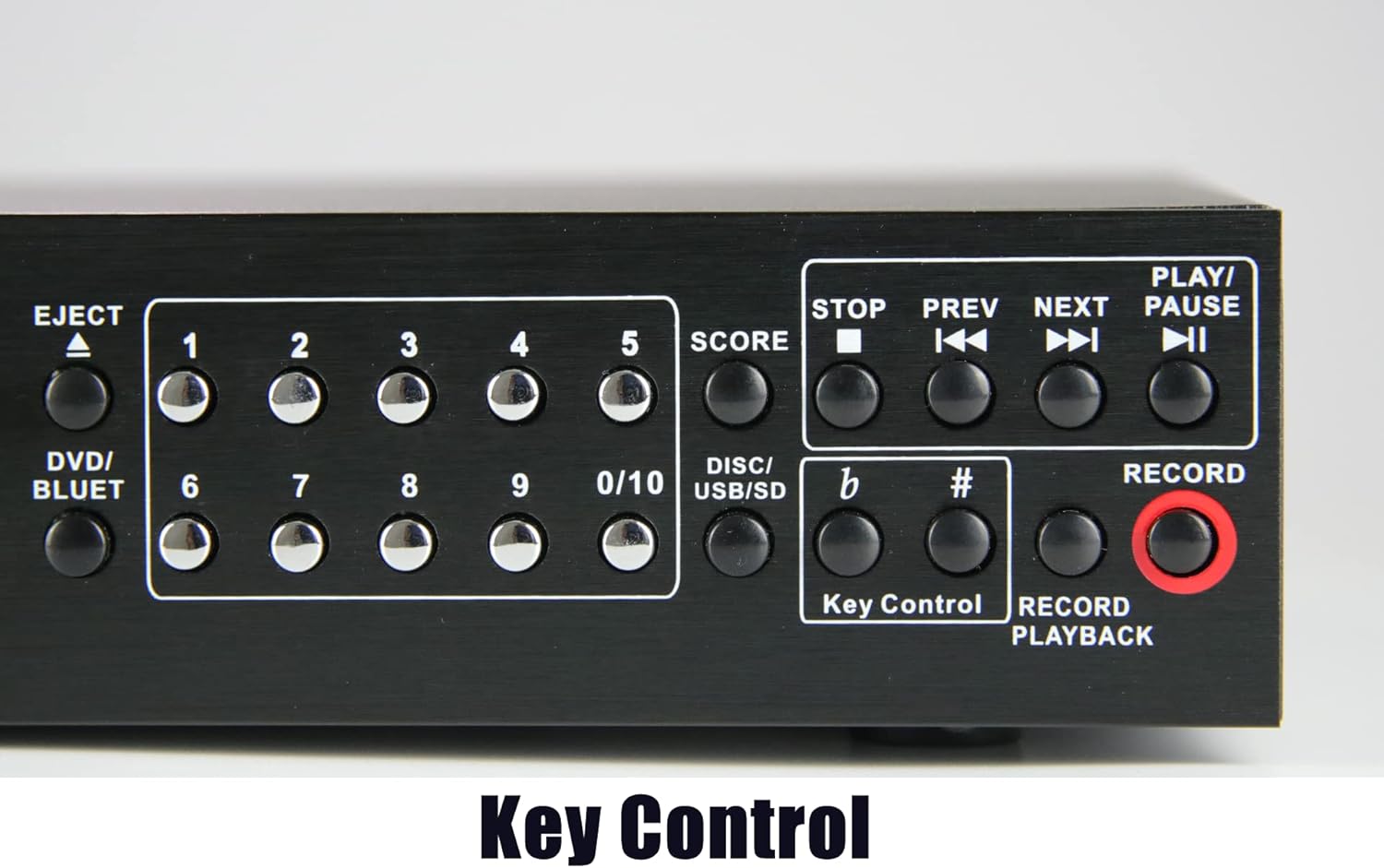 Close-up of the Vocal-Star VS-1200 control panel showing buttons for scoring, playback control (stop, previous, next, play/pause), key control, and record/playback.
