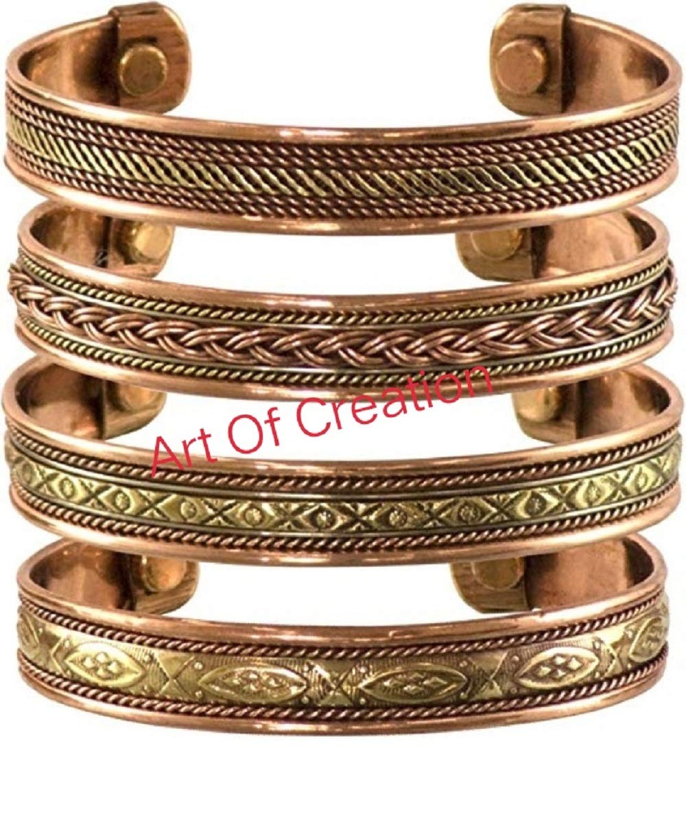 Art Of CreationUnisex Tibetan Magnetic Pure Copper/Brass Bracelet Adjustable Spiritual Yoga Healing Therapy Meditation Jewellery Bracelet Set of 4 (Gold)