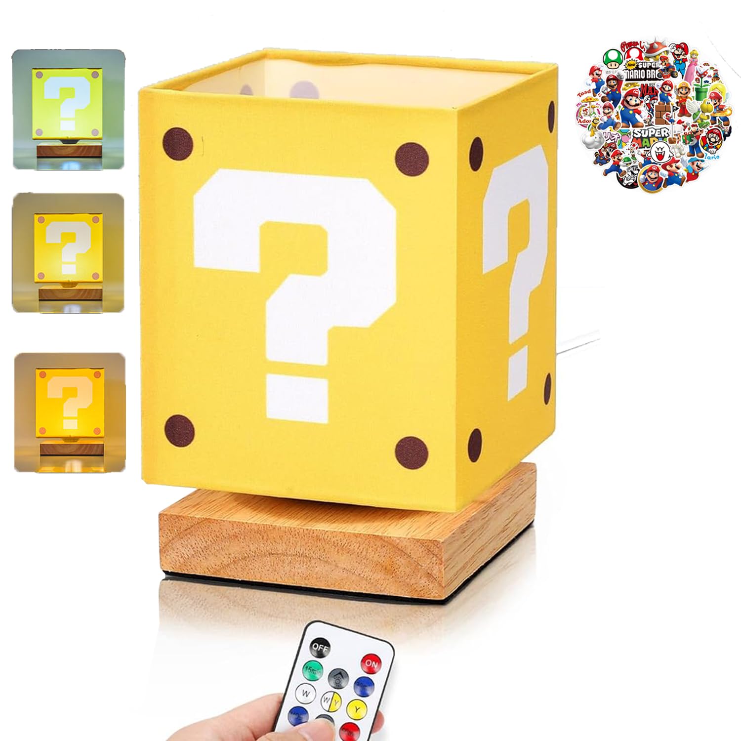 Super Mario Night Light Lamp for Kids Room with Remote Control,USB,Table Question Mark Box Block,Super Mario Bros Lamp LED,Super Mario Night Light for Boys, (Wood Base)