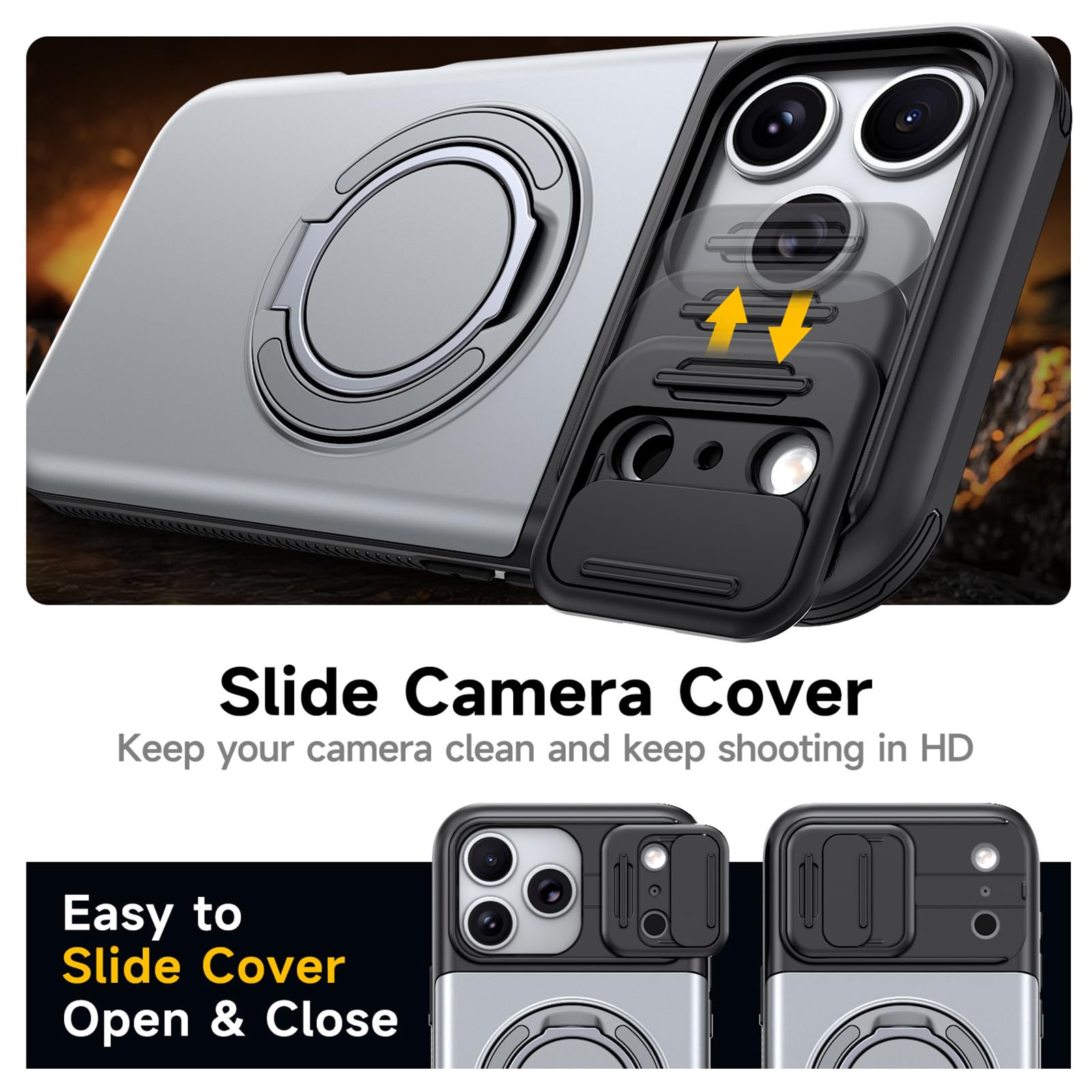 Generico Custodia Con Cavalletto For IPhone 17/17Air/17Pro/17Pro Max, Slot For Schede Integrato, Copertura Protettiva Completa For Obiettivo Scorrevole, Supporto Ad Anello Regolabile(Gray,17 Air)