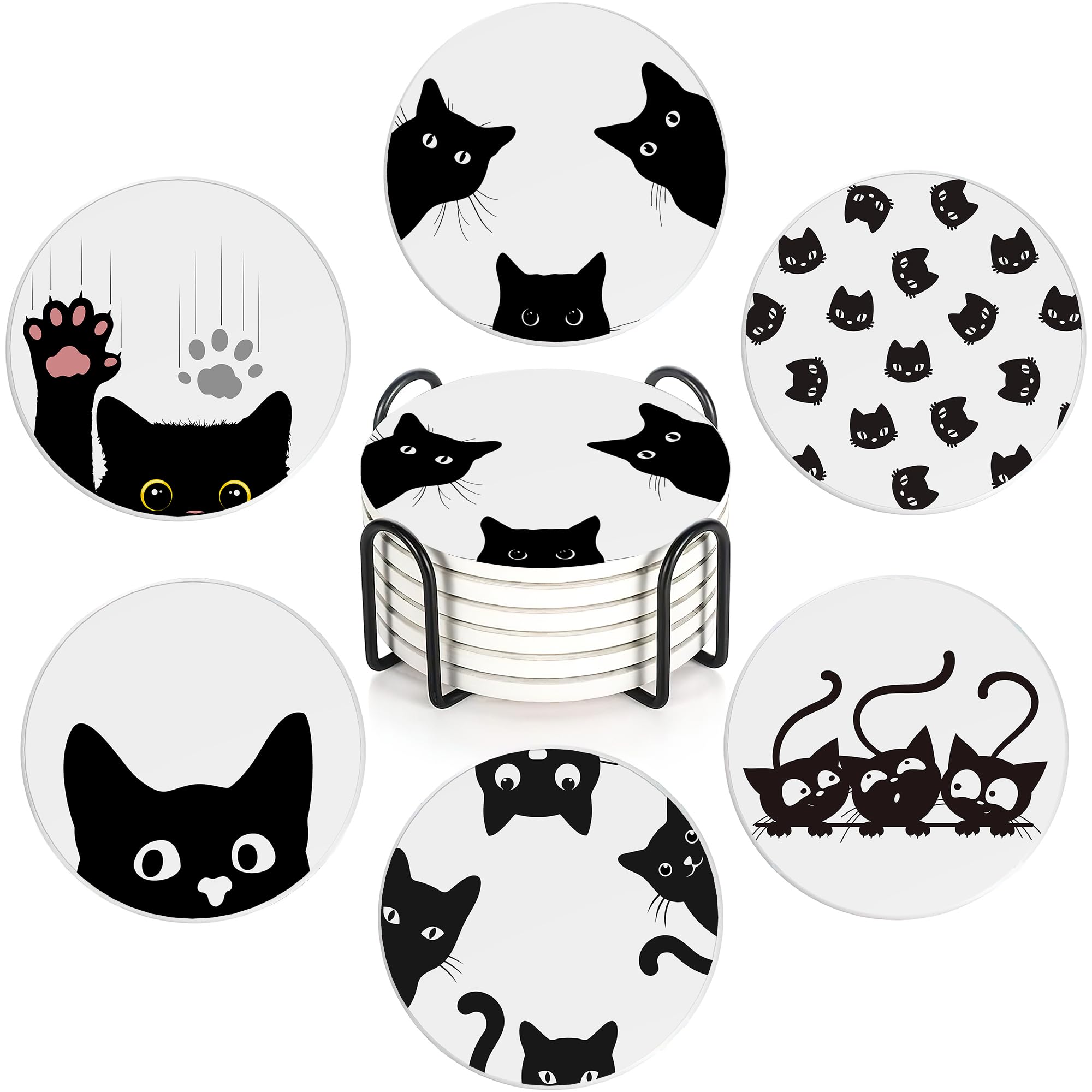 Cute Black Cat Set of 6 Coasters Absorbent Ceramic Drink Mats with Cork Base & Metal Holder, Spill Protectors for Mugs/Cups