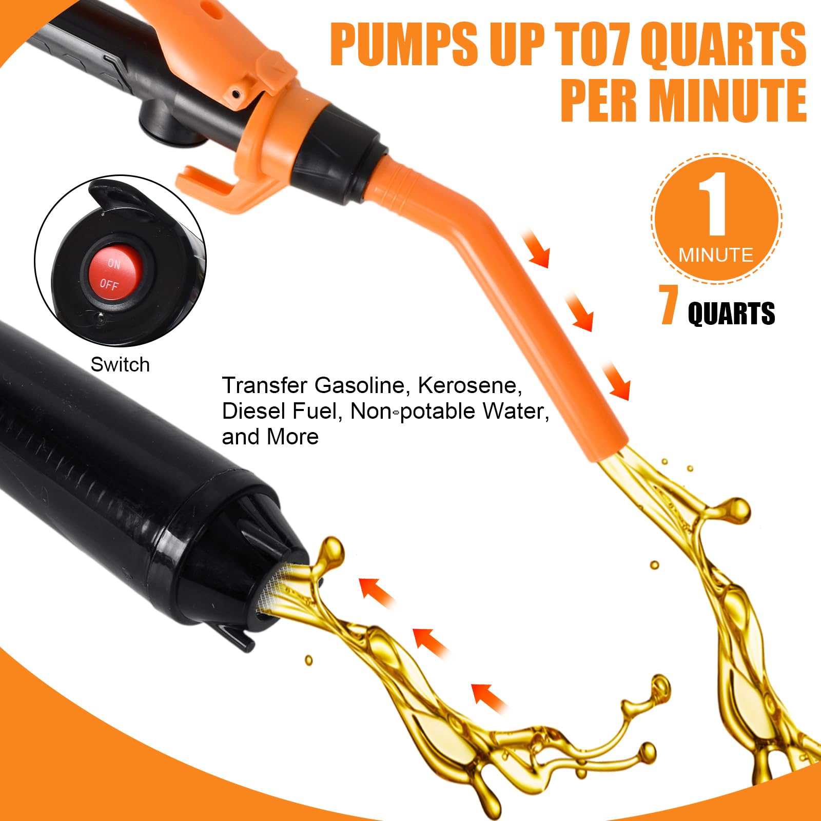 Pompe de Transfert Électrique sur Batterie, Pompe à Carburant, Pomp Siphon Portable pour Liquides, Pompes à Gasoil avec Tuyau, 3,5 GPM pour Essence, Diesel (Orange)