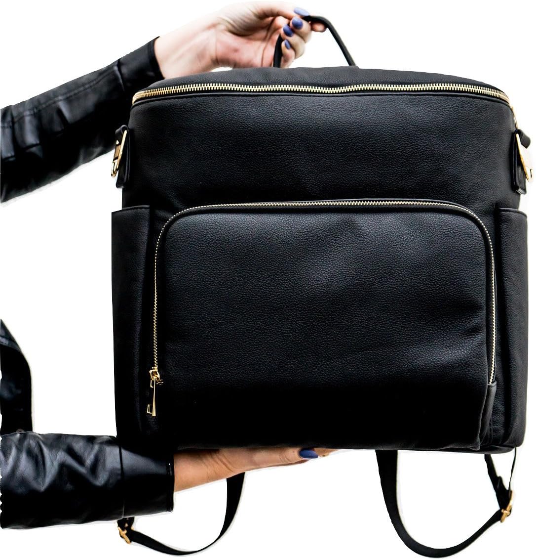 Premium Vegan Leather Diaper Backpack | Ultra-Waterproof Nylon Interior with Large Capacity! USB Charging Port, Laptop Pocket, Custom Gold Hardware, Free Changing mat and Stroller Hooks! | Luna Ray