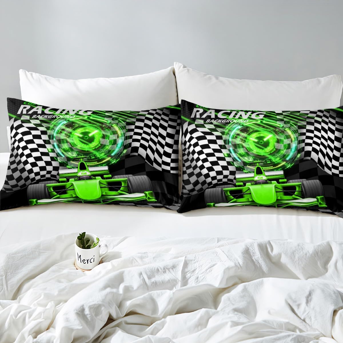 Feelyou Kids Green Racing Car Fitted Sheet Queen Size, Extreme Sports Bed Sheet Set Boys Girls Karting Road Bedding Set Teens Bedroom Decor 3Pcs (No TOP Sheet)