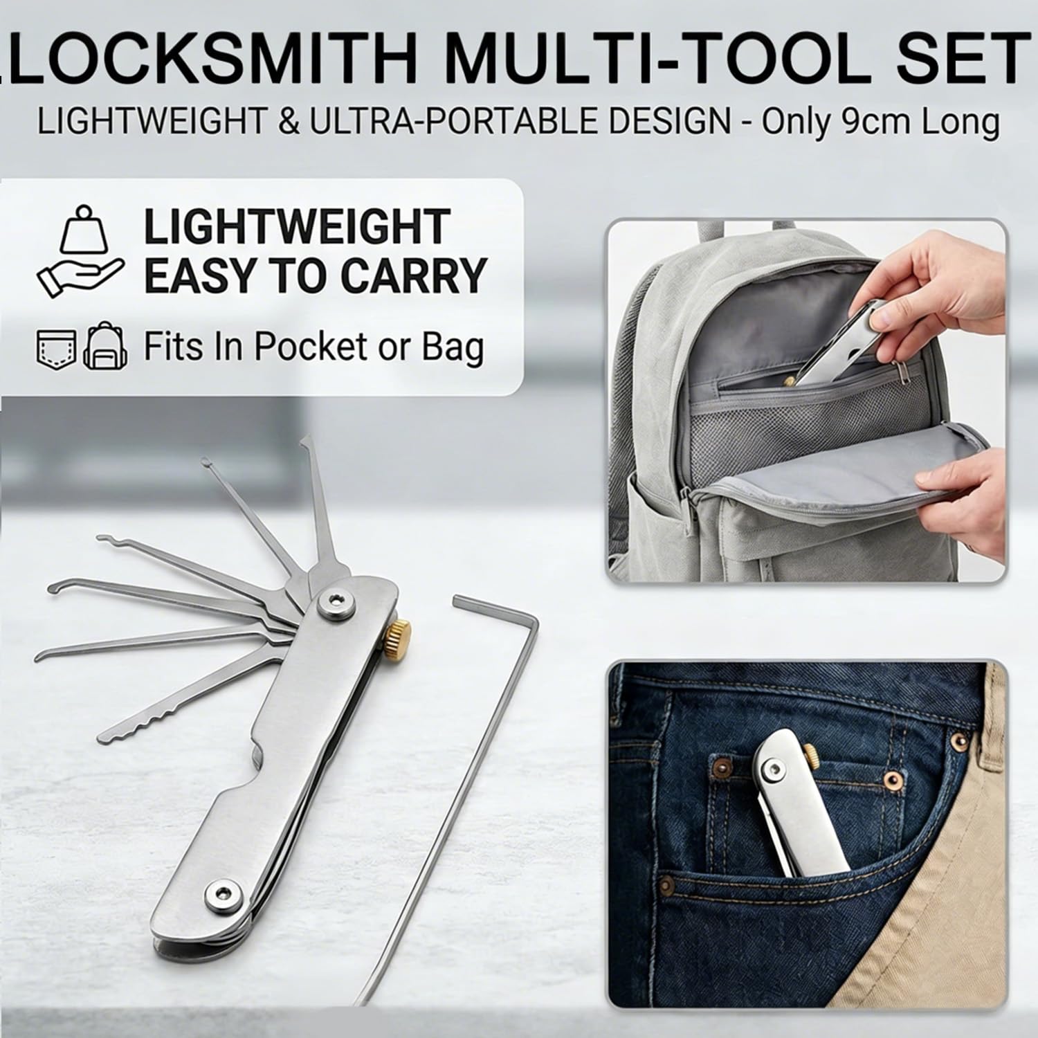 Kit di grimaldelli 7 in 1, portatile, pieghevole, in acciaio inox, per pratica e uso di emergenza, ideale per principianti
