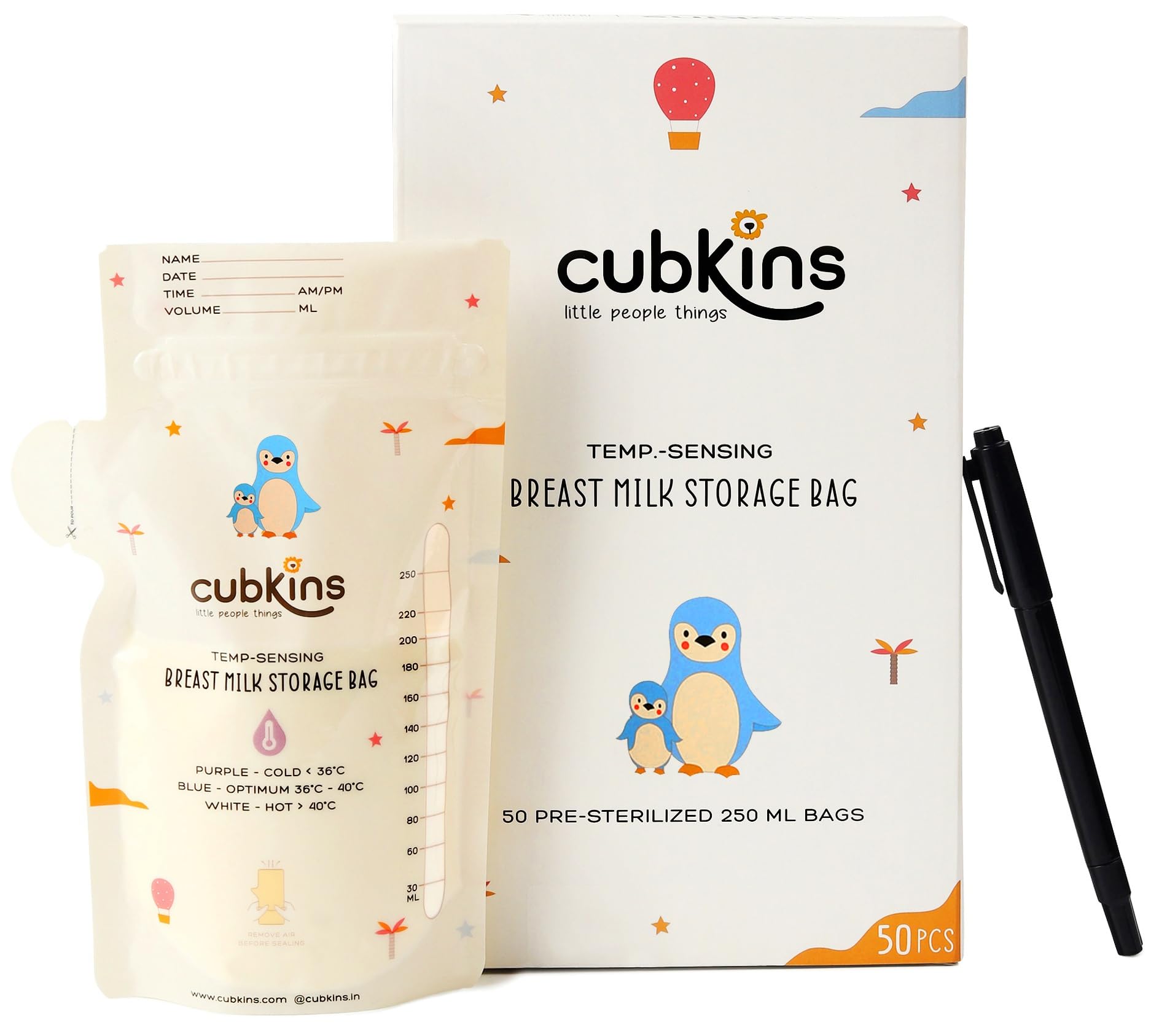 CUBKINS Breast Milk Storage Bags (Pack of 50) | Pre-Sterilized | Smart Temp Sensor | BPA Free | Single Use | Leak Proof Double Zip | Separate Fill & Pour Spouts | 250 ml Capacity | Marker Included-image-37