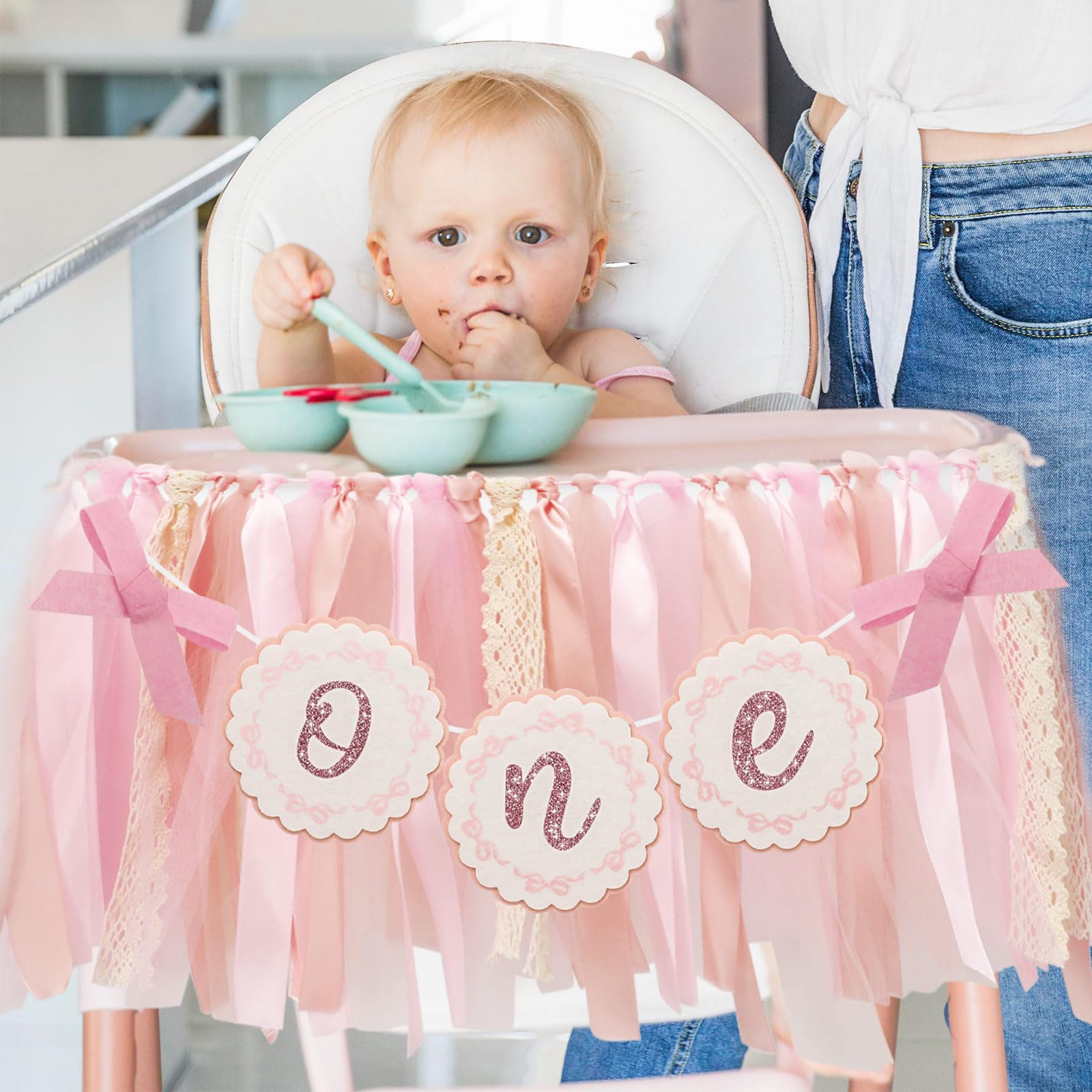 Rosa Schleifen Hochstuhl-Banner Für 1. Geburtstag – 198x20 Cm, Rosa-weiß Kariert, Mit Quasten, Für Mädchen-Partys