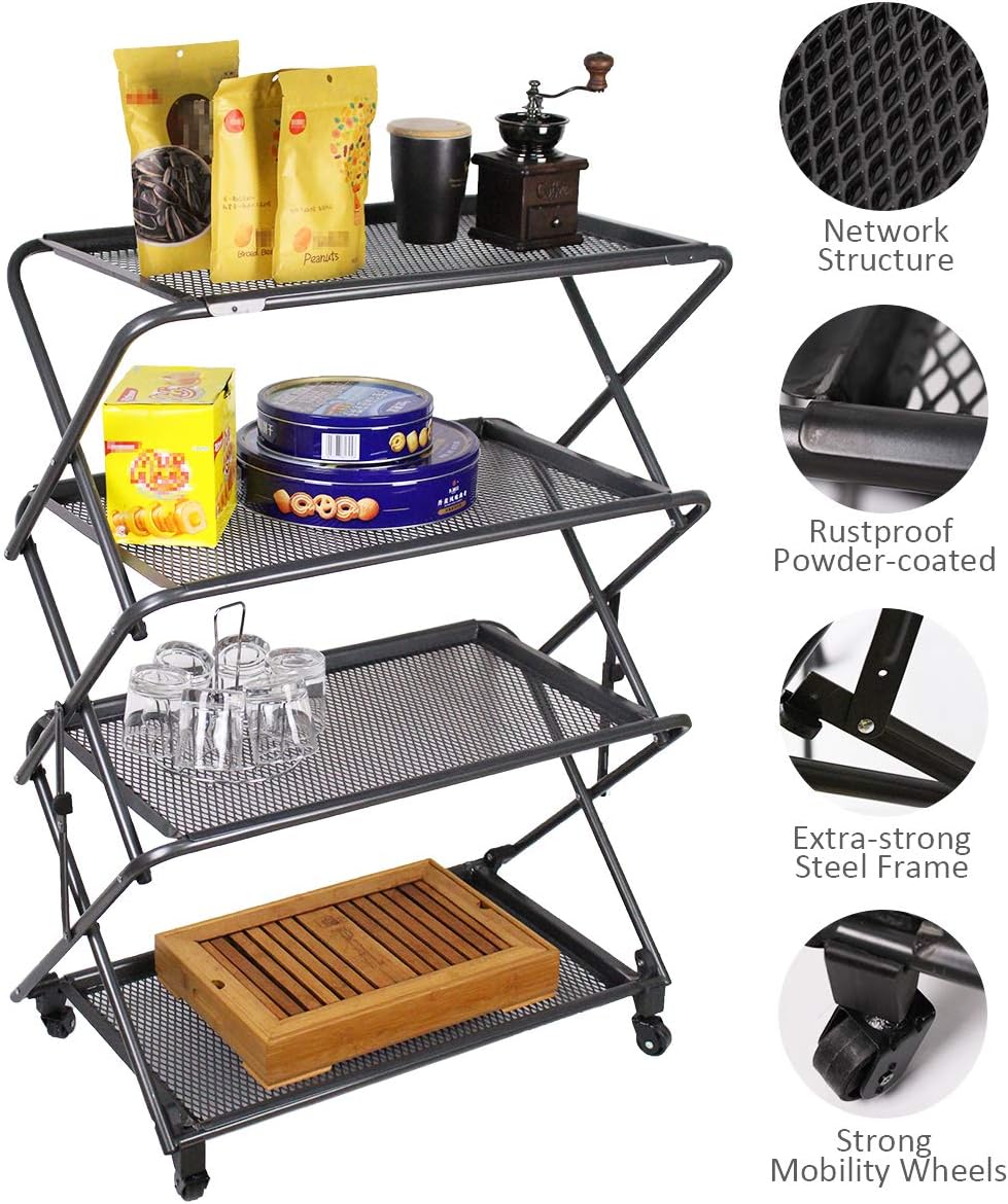 Zenree 4-Tier Folding Portable Durable Steel Kitchen Shelf, Black, 39" - Removable Mesh Trays, Perfect for Outdoor Cookouts, Extra Storage, Kitchen Storage