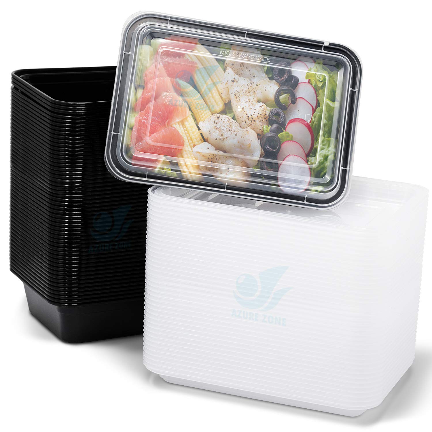 Azure Zone32 oz, 50-Pack Rectangular Meal Prep Food Container with Lid - One Compartment - Stackable - Freezer/Microwave/Dishwasher Safe - Reusable Storage - Portable - BPA Free