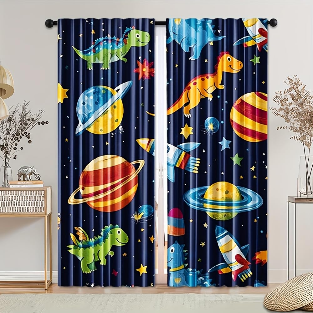 SMXVRC Boys Space Dinosaur Curtains Universe Planet Rocket Dino Room Darkening Window Treatment Cute Print Children Nursery Decor Grommet Window Curtains for Girls Kids W46.2 x L72 x 2 Panels