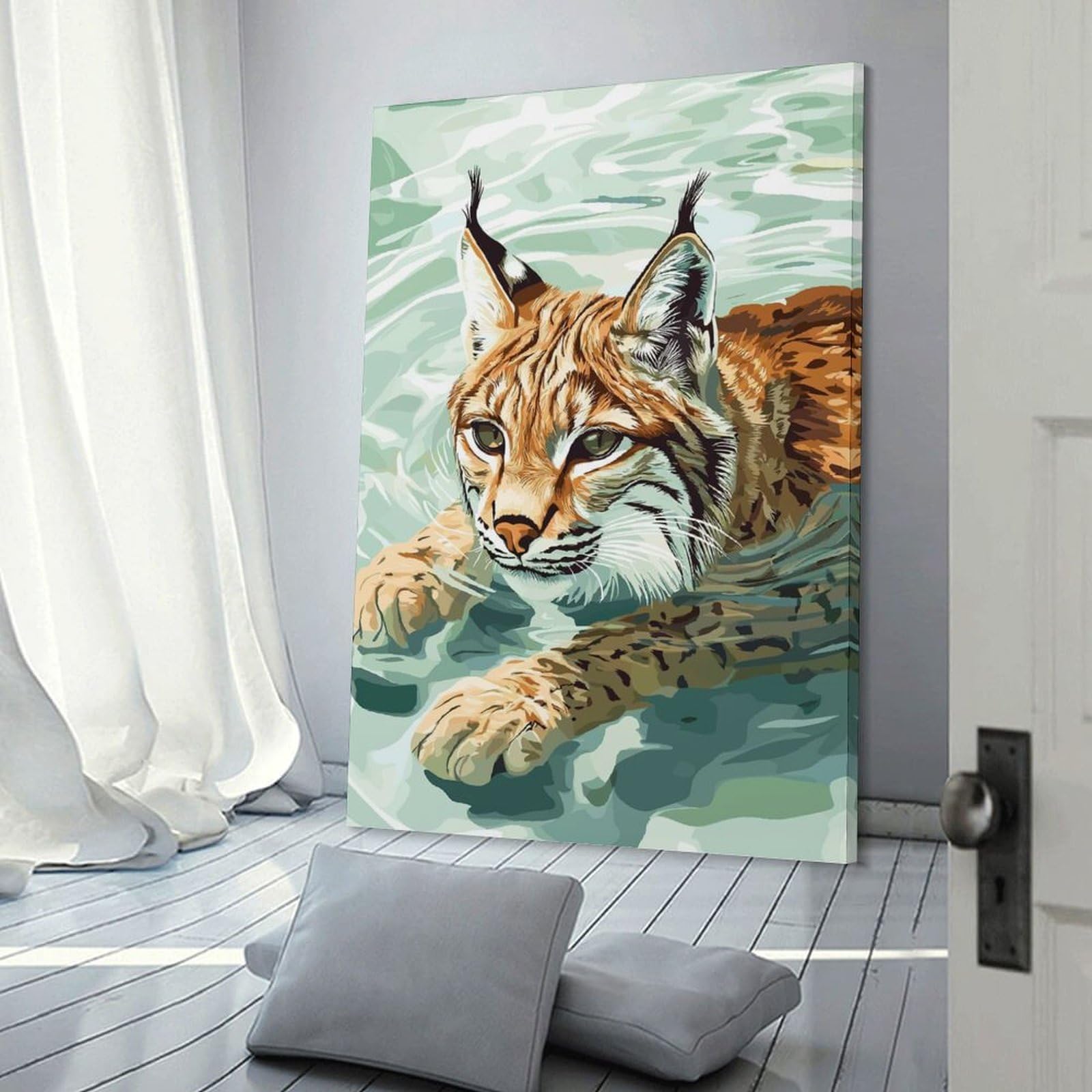 Junmoney Lynx Swimming in Water Digital Art Canvas Wall Decor, 24x36inch(60x90cm), for Lounge Decor, Bedroom Walls Or Flats, Eye Catching Artwork for Blank Walls