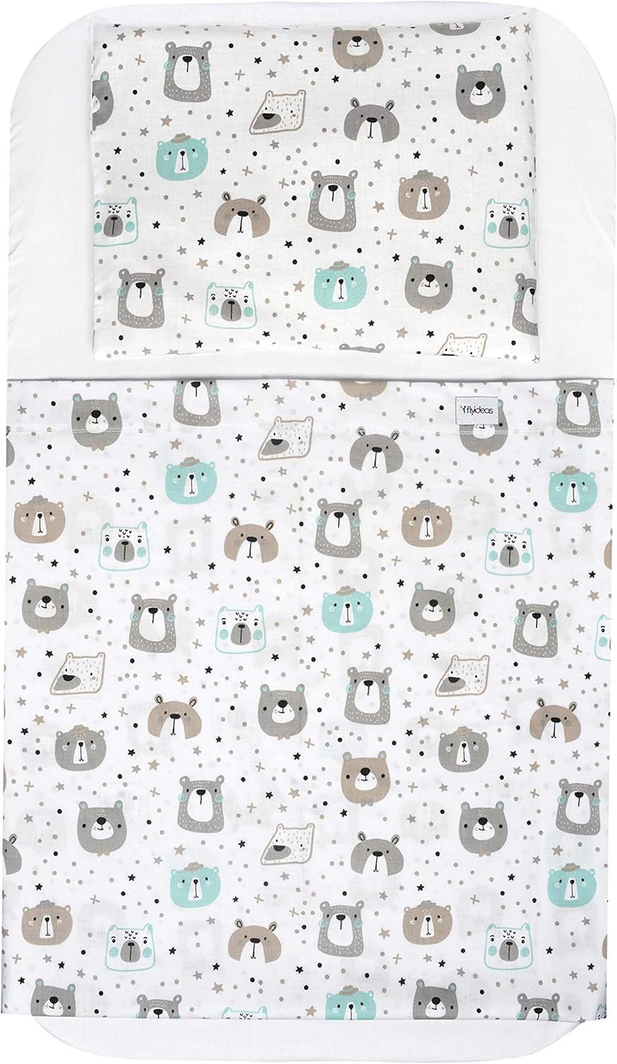 FlyIdeas Lenzuola Next2Me Set MAXI 8 pz, 100% Cotone con 2 Lenzuola Sotto, 2 Traverse Salva Pipi, 2 Lenzuola Sopra & 2 Federe Cuscino per Culle Fianco Letto Neonato e simili (Cute Bears, 83x50 cm)