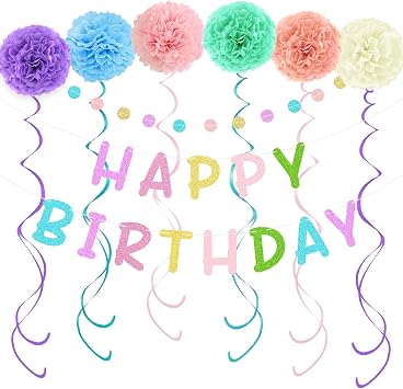 KOKAR Happy Birthday Decorations Colorful Happy Birthday Banner, Paper Pom Poms, Hanging Swirls and Glitter Circle Dots Garland for Pastel Birthday Party Decorations