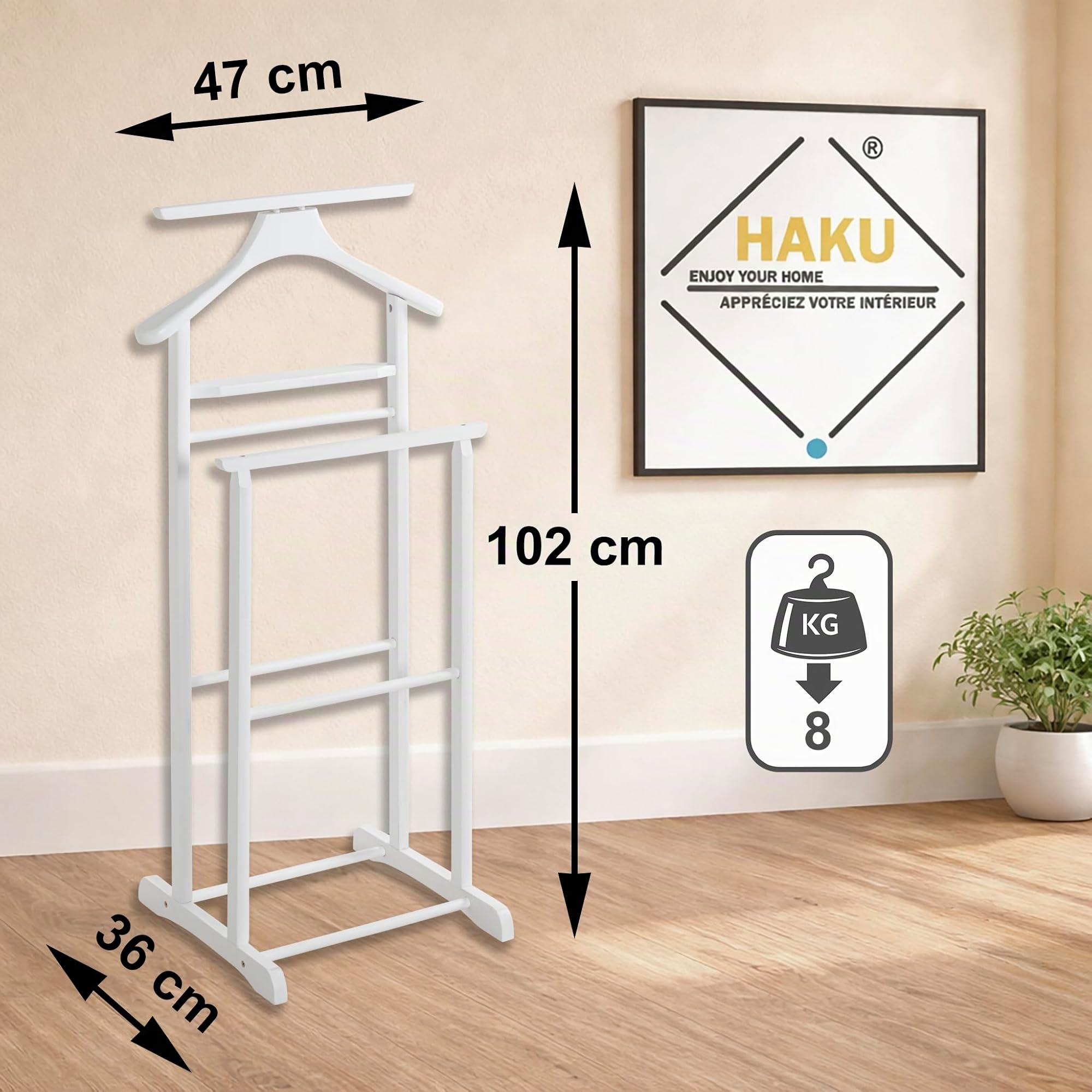 HAKU Valet de chambre, valet multifonctionnel, blanc, bois massif - Dimensions : L 47 x H 102 x P 36 cm, Style : Traditionnel
