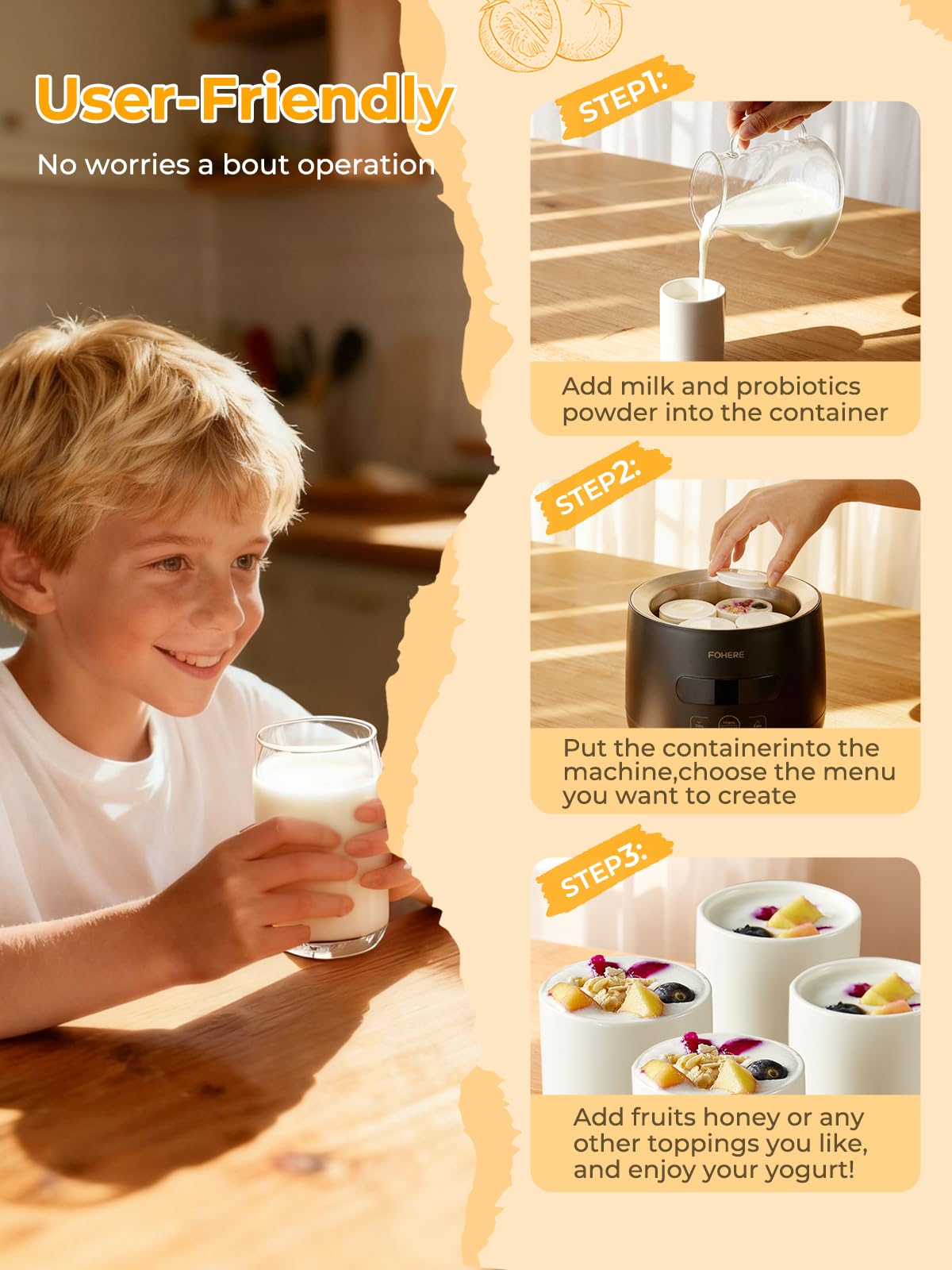 FOHERE Joghurtbereiter, Joghurt inkl. 2 XXL Glasbehälter 2000 ml und 1400 ml, 4 Keramik Portionsbecher à 125 ml, 8 Voreingestellte Programme, Maker für Griechischer Joghurt, Käse, Natto, Reiswein