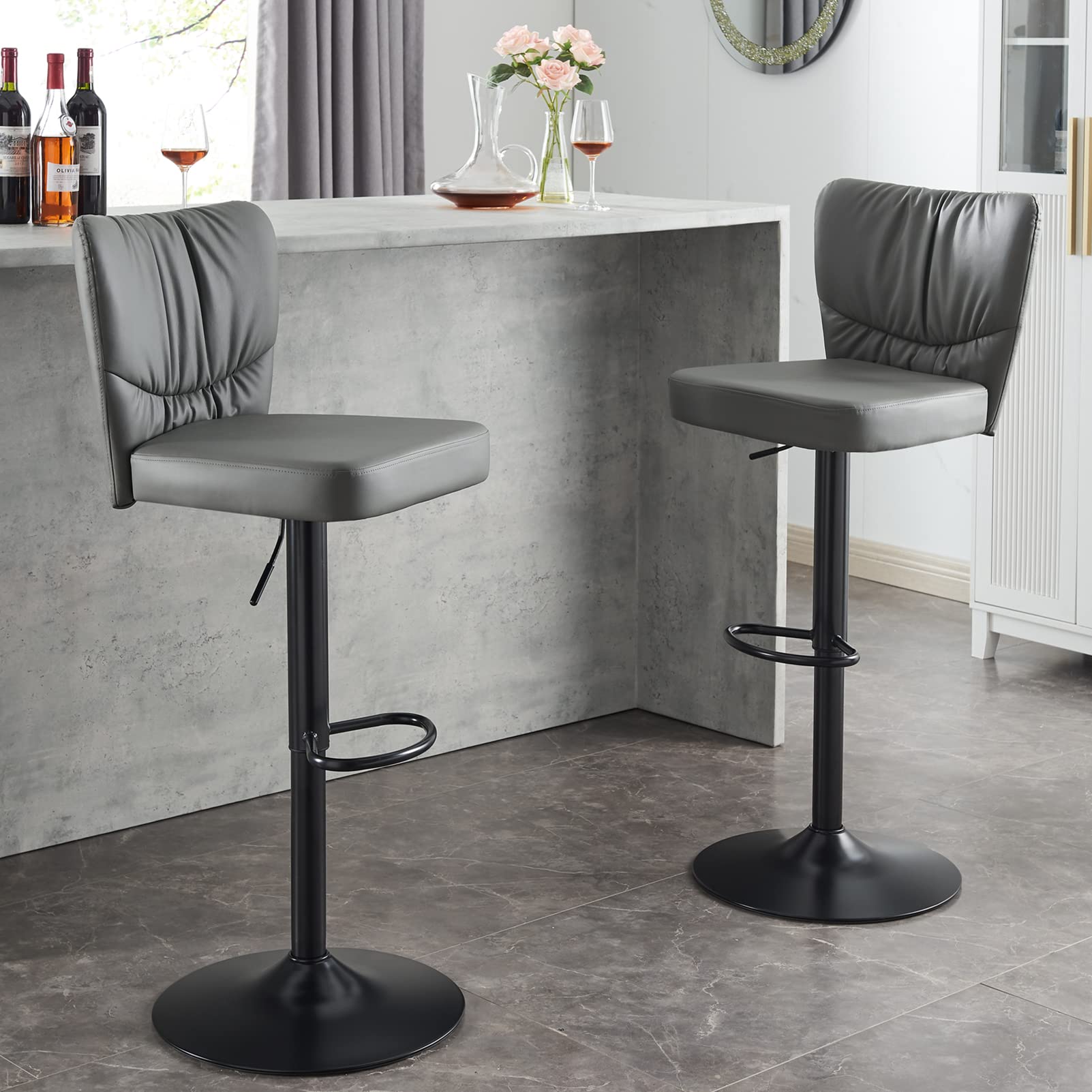 Modern Bar Stools Set of 2, Adjustable Height 360°Swivel Bar Chairs with Grey Thicker PU Leather, Sturdy Black Metal Frame, 32 inches Kitchen Counter Height Barstool for Island Pub