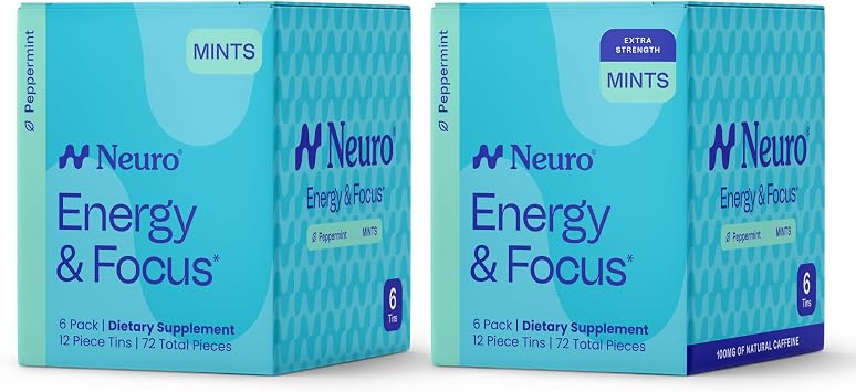 Neuro Energy & Focus Mints Bundle Original 72 Count 6Pack + Extra Strength 72 Count, Peppermint Flavor SugarFree Nootropic Cognitive Supplement with Natural Caffeine, LTheanine & B12/B6