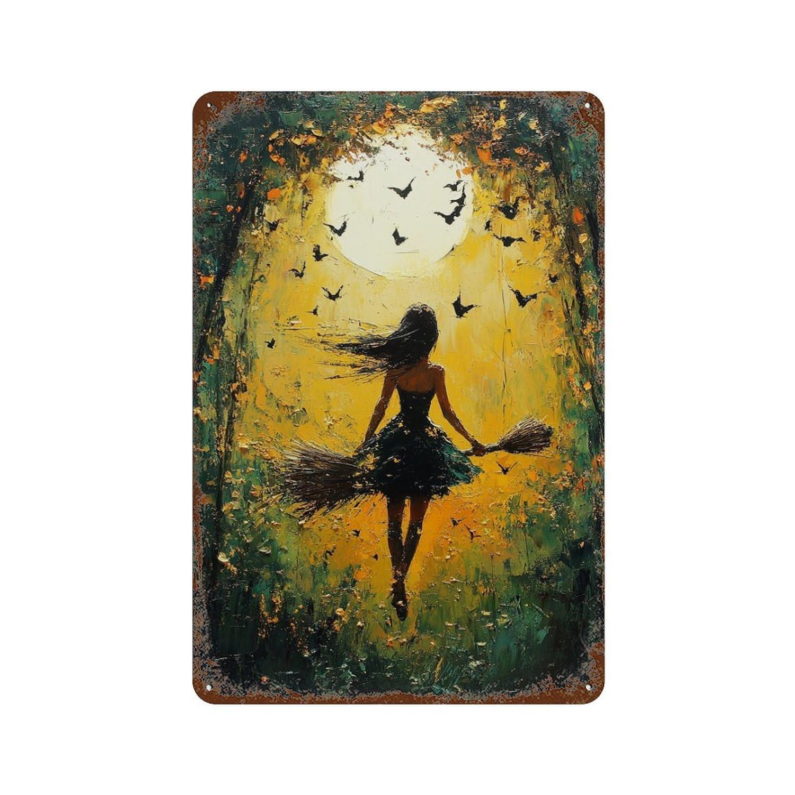 Moonlit Witch Flight Aged Metal Wall Plaque 11.8"x7.9", Classic Wall Plaque for Garage, Pub Or Kitchen