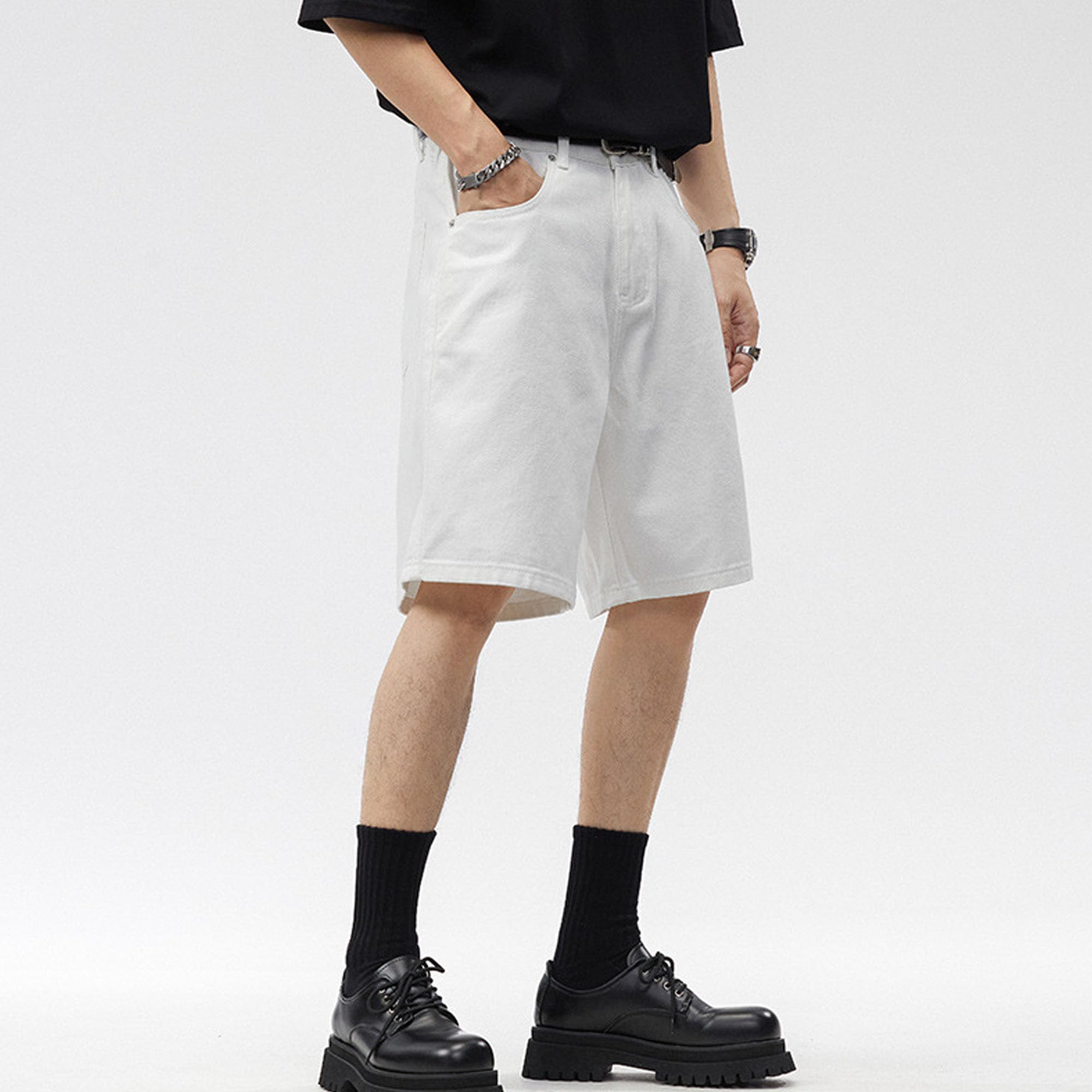 Jorts en jean pour homme - Jambe droite - Confortable - Baggy - Court - Couleur unie - Délavé - Pour homme