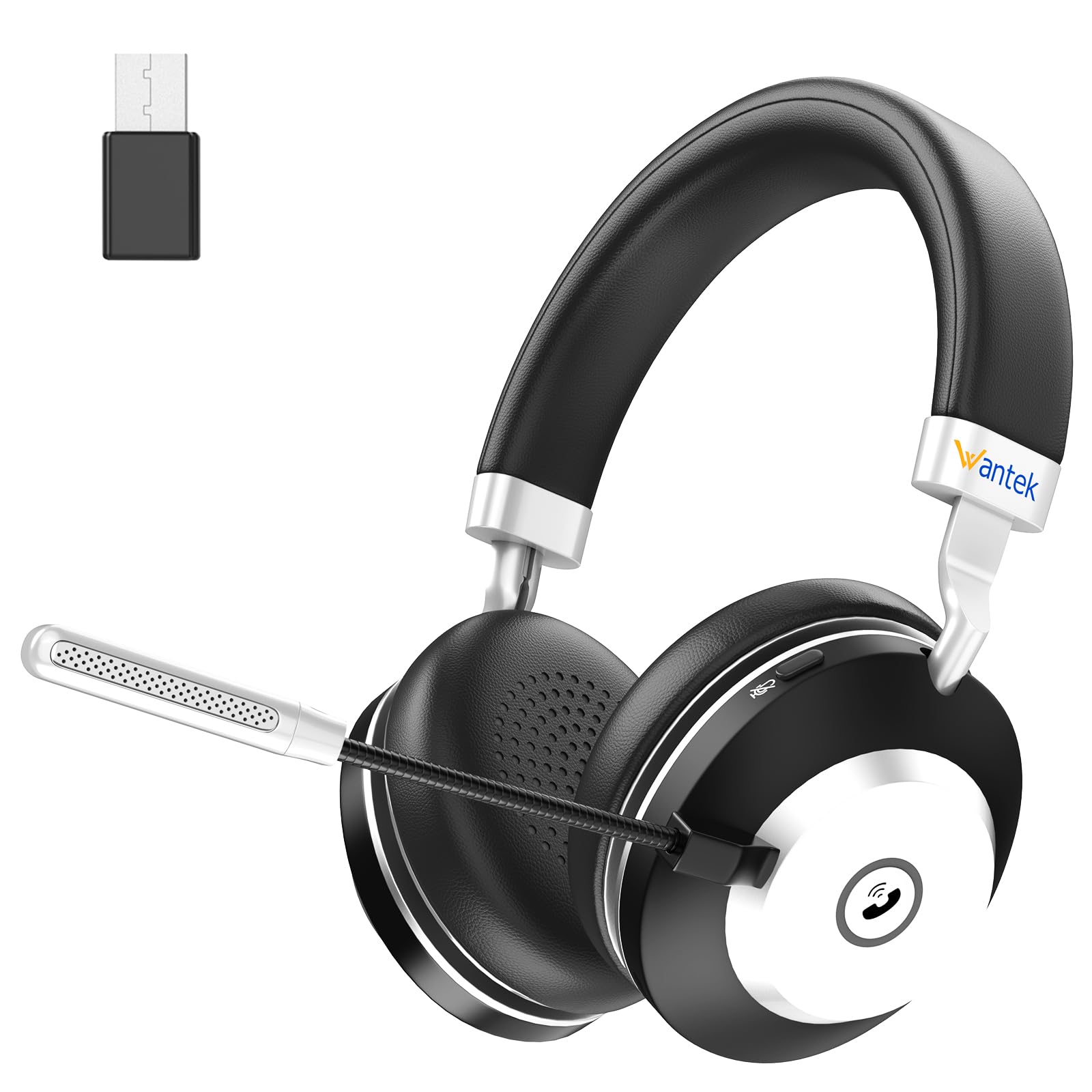 Wantek Casque sans fil Bluetooth avec microphone antibruit, casque supra-auriculaire pour PC, ordinateur portable, tablette, Teams, Zoom, Skype, double connexion