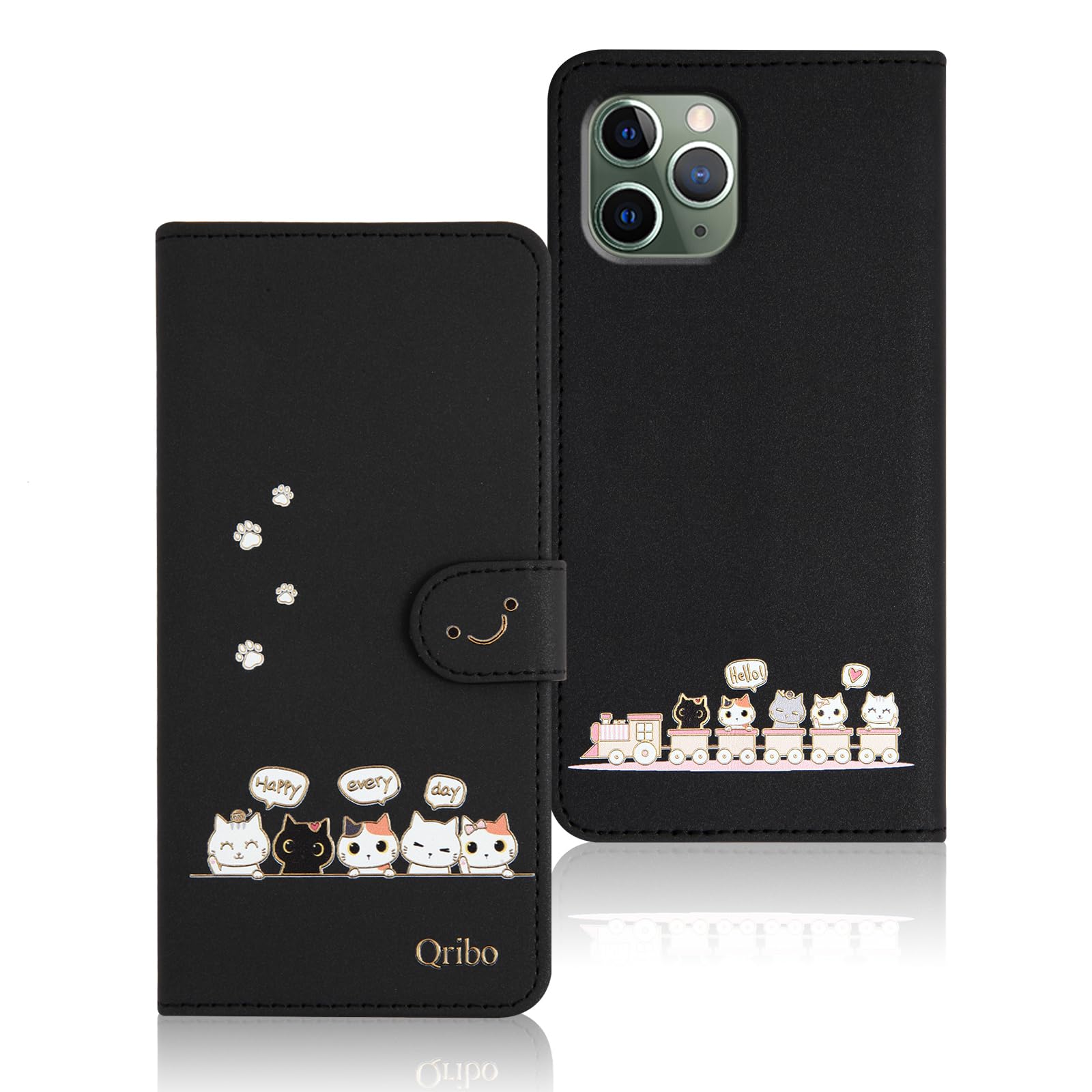 Qribo iPhone 11 Pro ケース 手帳型 アイホン11 Pro ケース 手帳型 アイホン11プロ カバー シンプルなのに可愛いデザイン エンボス加工猫柄 うれしい気持ち 5.8インチ対応 いphone11 pro スマホケース iPhone11pro ケース 薄型 iPhone11プロ ケース 防水 の耐久性 滑り防止 美しい 贈り物 友達 - ブラック