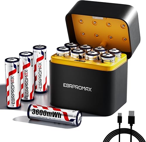 Baterías AA recargables de litio, paquete de 12 con cargador, carga rápida de 2.5 horas, 1.5 V de alta potencia de 3600 mWh, baterías recargables AA