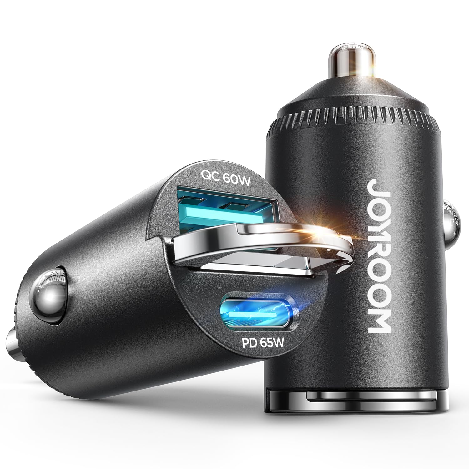 JOYROOM 車 充電器 シガーソケット USB C 【PD65W+QC60W・ミニ型・2個セット】 車載充電器 カーチャージャー 2ポート USB-A＆USB-C コンセント 超小型 急速充電 軽量 12V/24V車対応 iPhone/iPad/Android各種対応 (ブラック) - 1