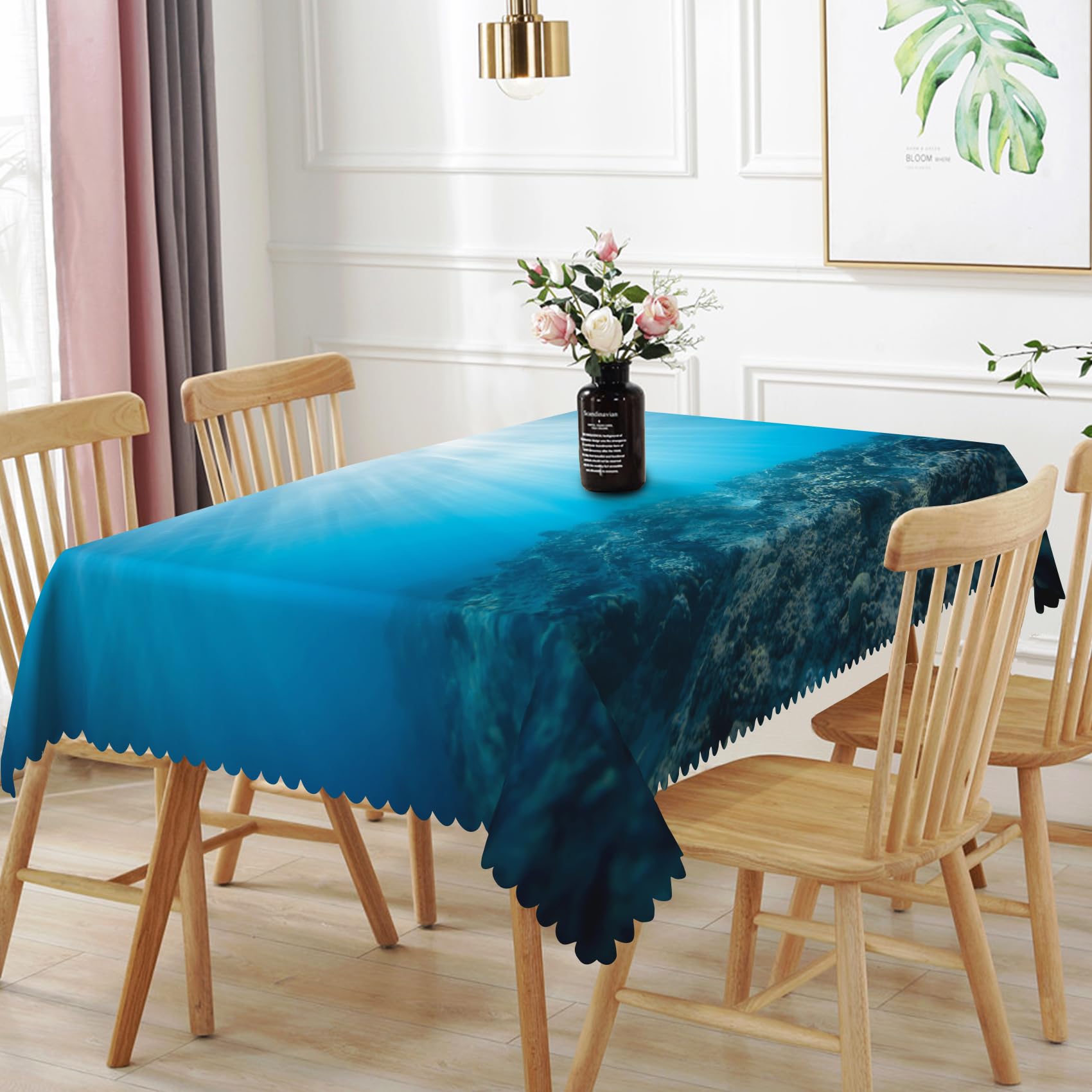 TTQYFNM 54x78inches Underwater World Tablecloth Blue Ocean Sun Rays Under The Sea Aquarium Corals Table Cloth Waterproof Reusable Table Cover for
