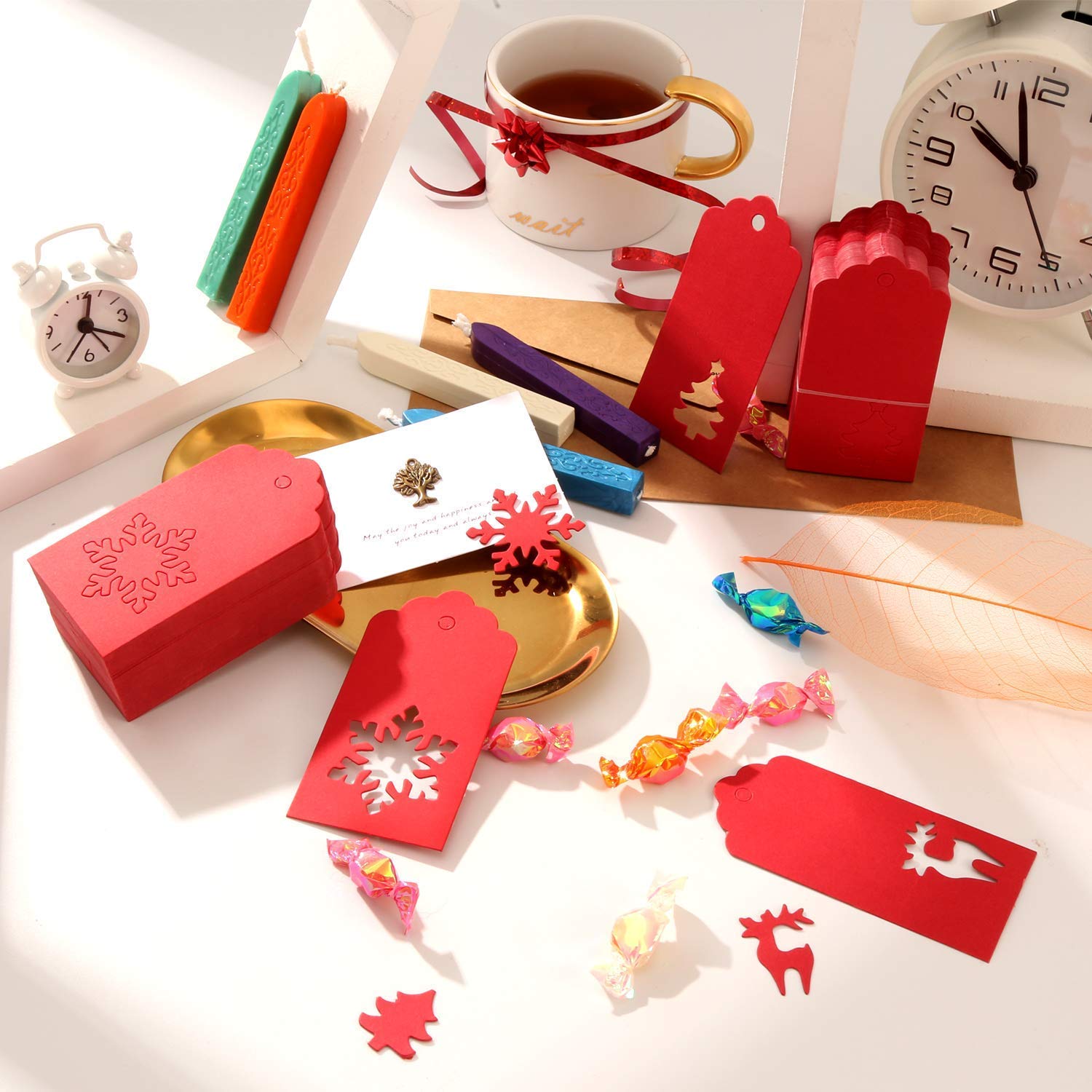 Étiquette De Noël En Papier Kraft Avec Ficelle - Blanc - Lot