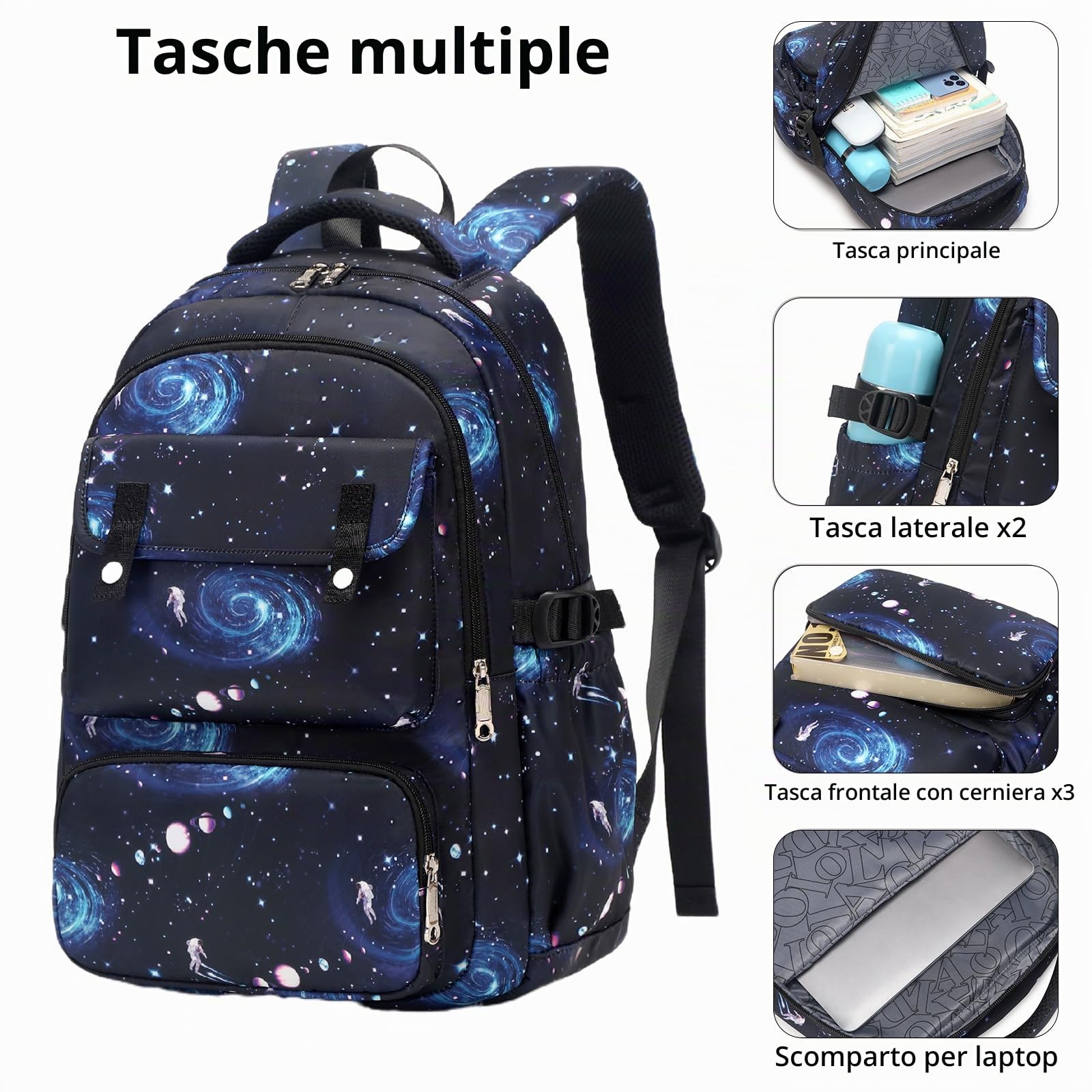 Zaino Galaxy a tema spaziale, con portapranzo, per ragazzi e ragazze, leggero e impermeabile, per studenti elementari e elementari