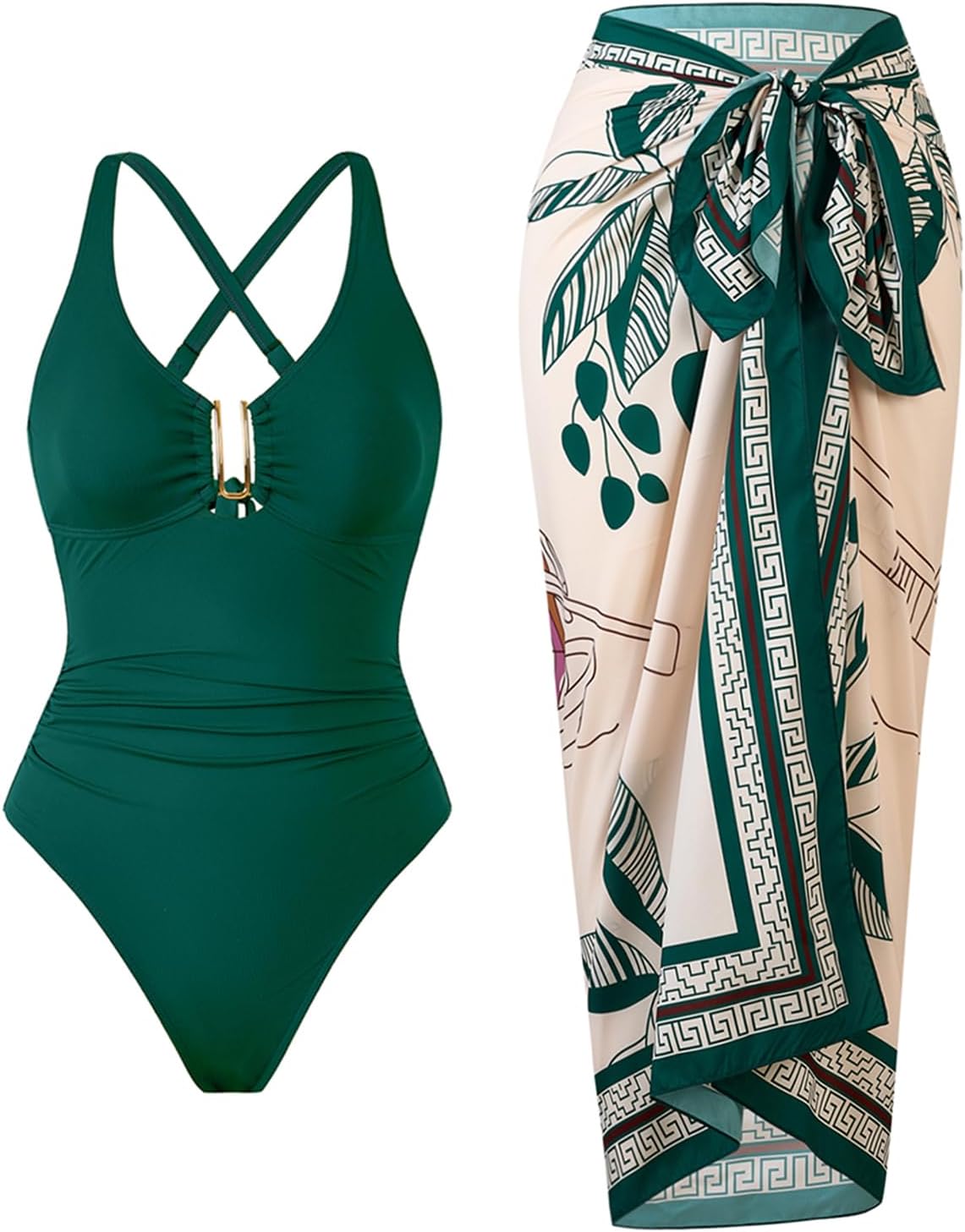 One Piece Swimsuit Women with Cover Up Set Retro Bathing Suit for Women Tummy Control Beach Wrap Skirt