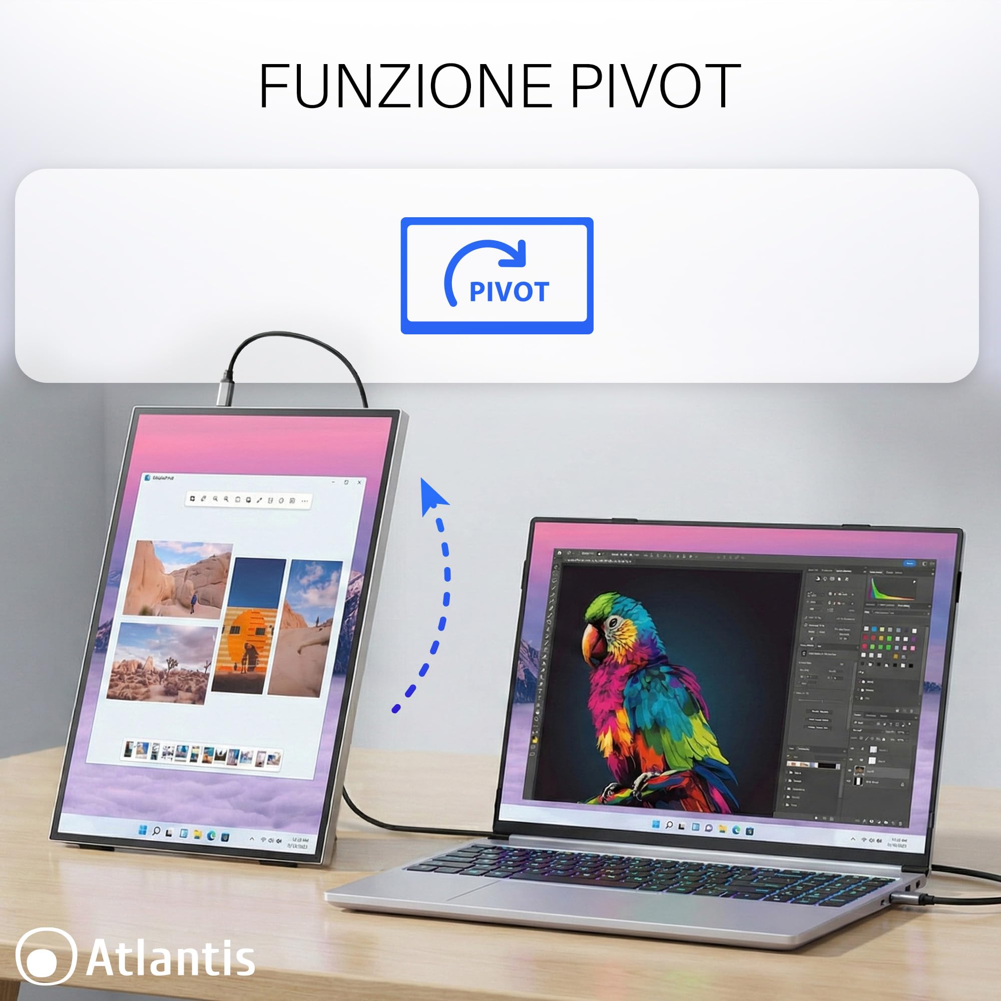 Atlantis Monitor Portatile TouchScreen 16” IPS Full HD HDMI/USB-C, inf 1 kg | Speaker 2x1W, inclinazione regolabile, Pivot, per notebook e console, cavi inclusi, cod. A05-P156LPT