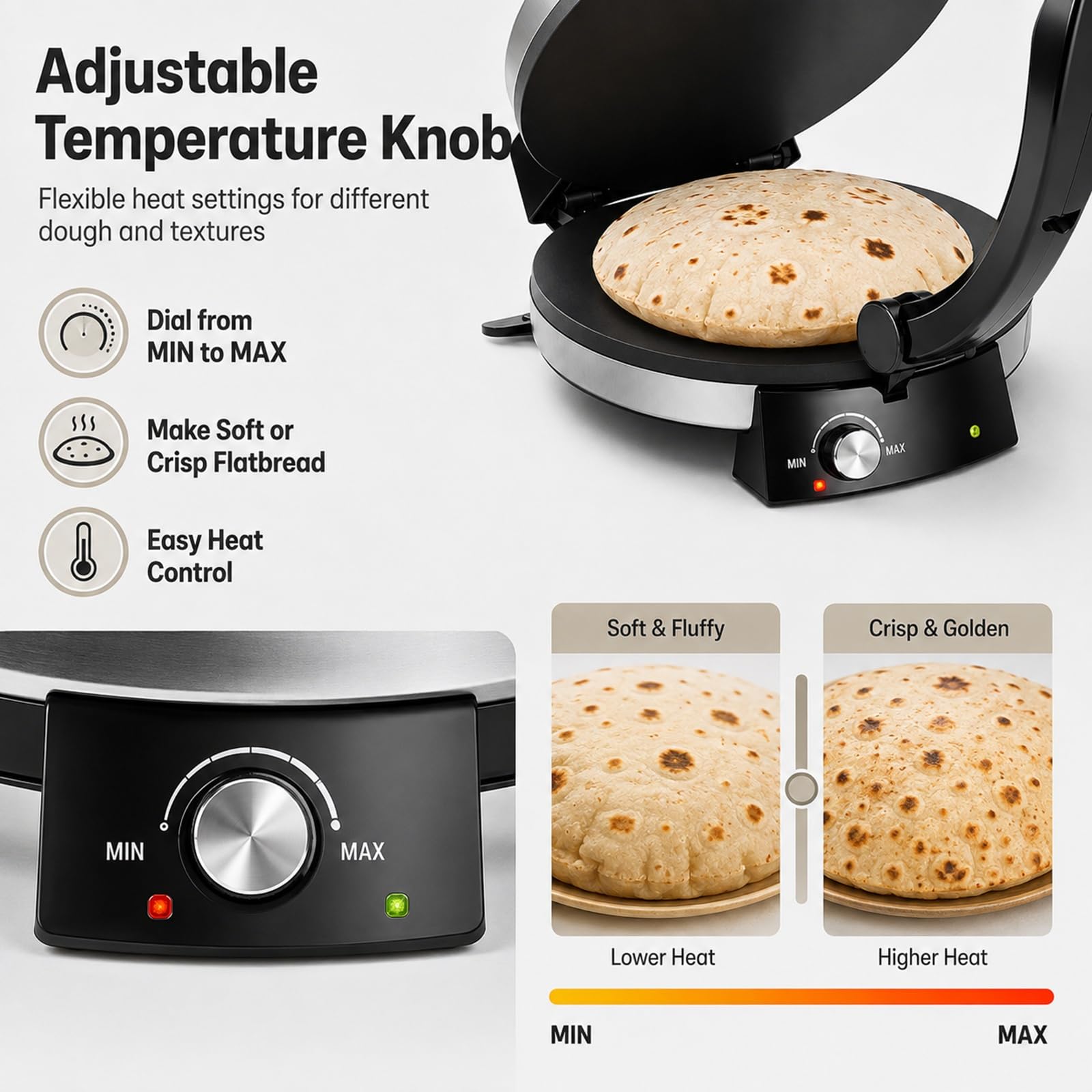 Máquina Eléctrica Roti 13", Prensa Antiadherente for Tortillas y Chapati | Máquina de Pan de Acero Inoxidable con Control de Temperatura for Auténticos Chapatis Indios y Tacos