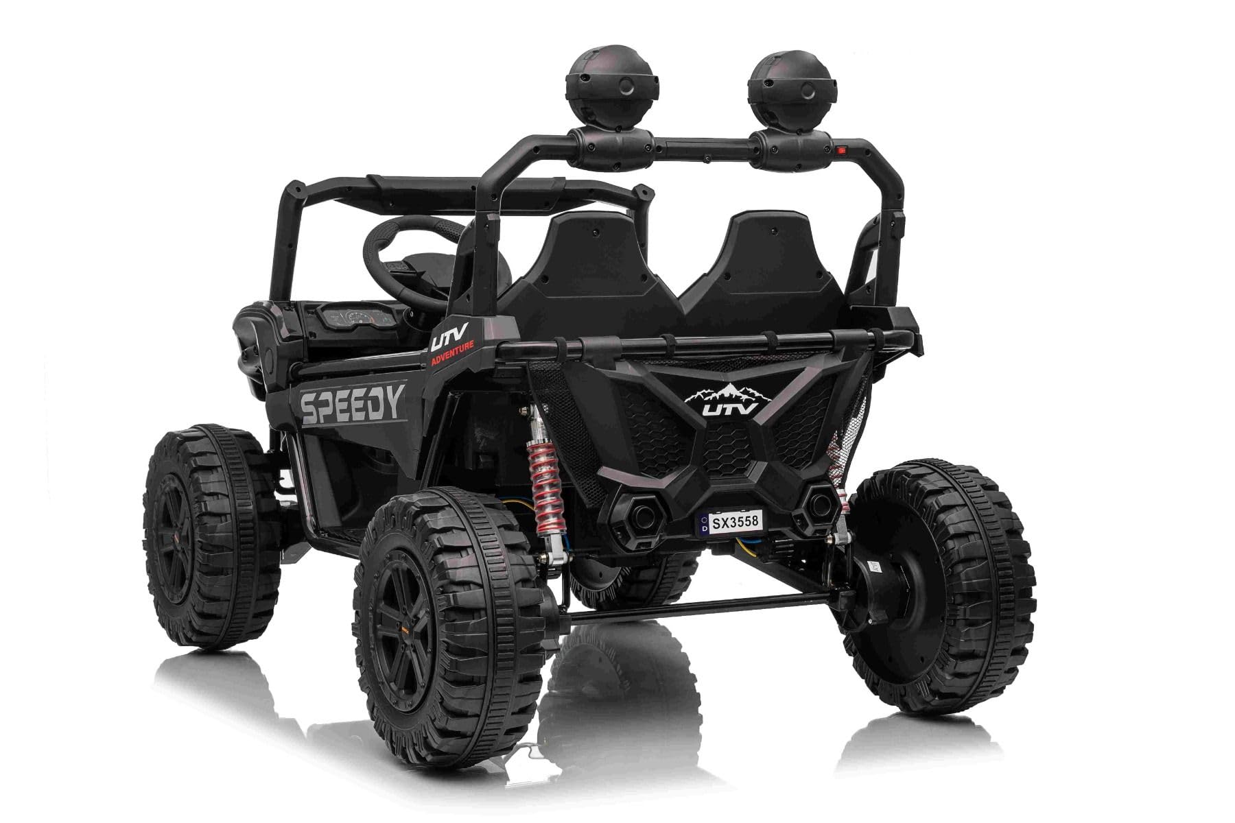 Elektryczny samochód dla dzieci T-Rex Ride 4x4, dwumiejscowy, 24V, czarny, odtwarzacz MP3 z wejściem USB/AUX, skrzynia biegów 4x4, bateria litowa, zawieszenie, pilot zdalnego sterowania, reflektory